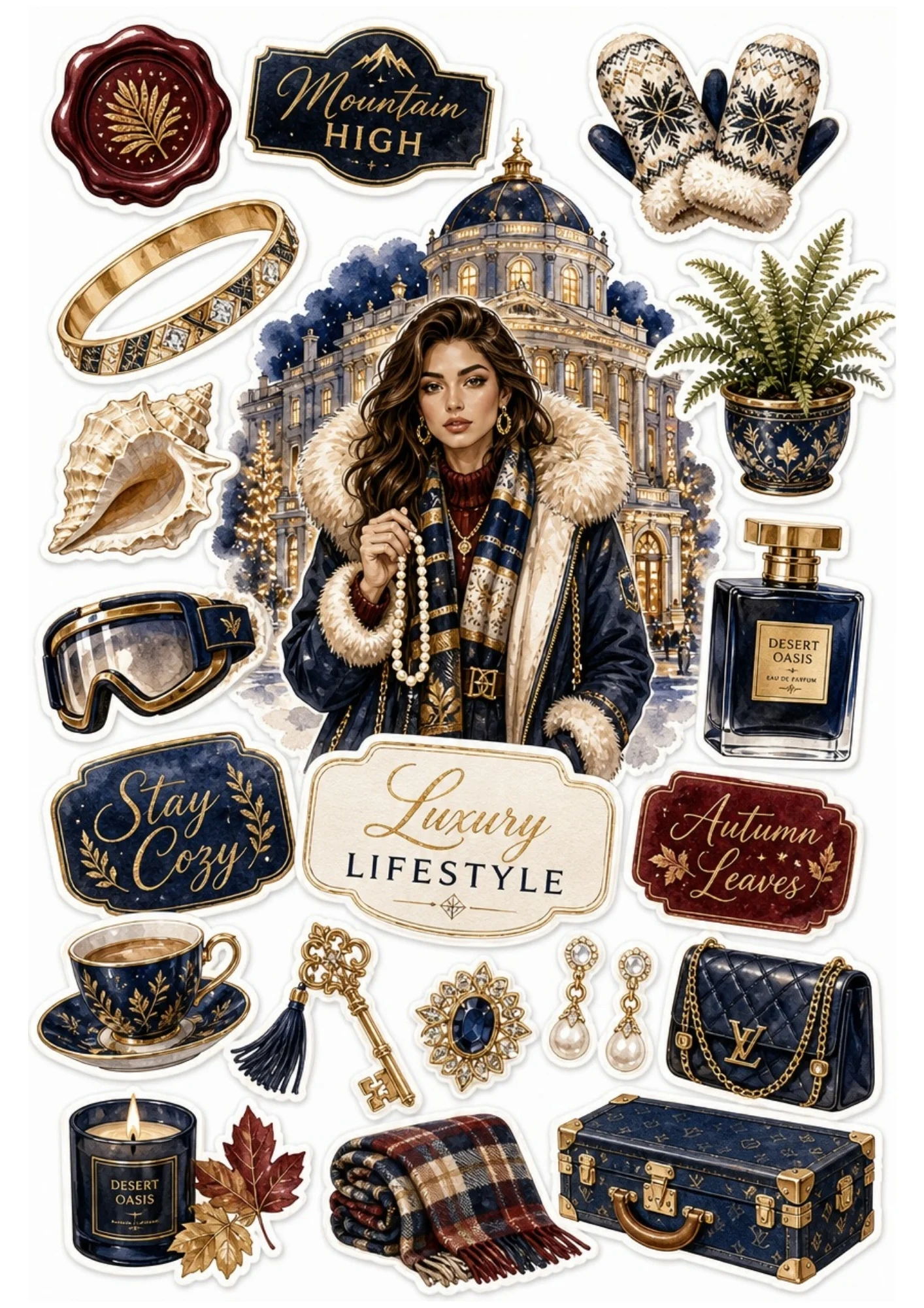Printable sticker sheet featuring a woman in a fur-trimmed navy jacket before a illuminated dome building with ski goggles, trunk bag, and mittens.
