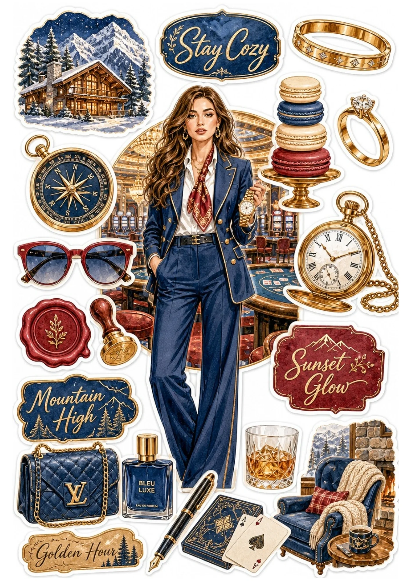 A navy and gold sticker sheet with a woman in a tailored suit, playing cards, cologne bottle, macarons, and gold pocket watch.