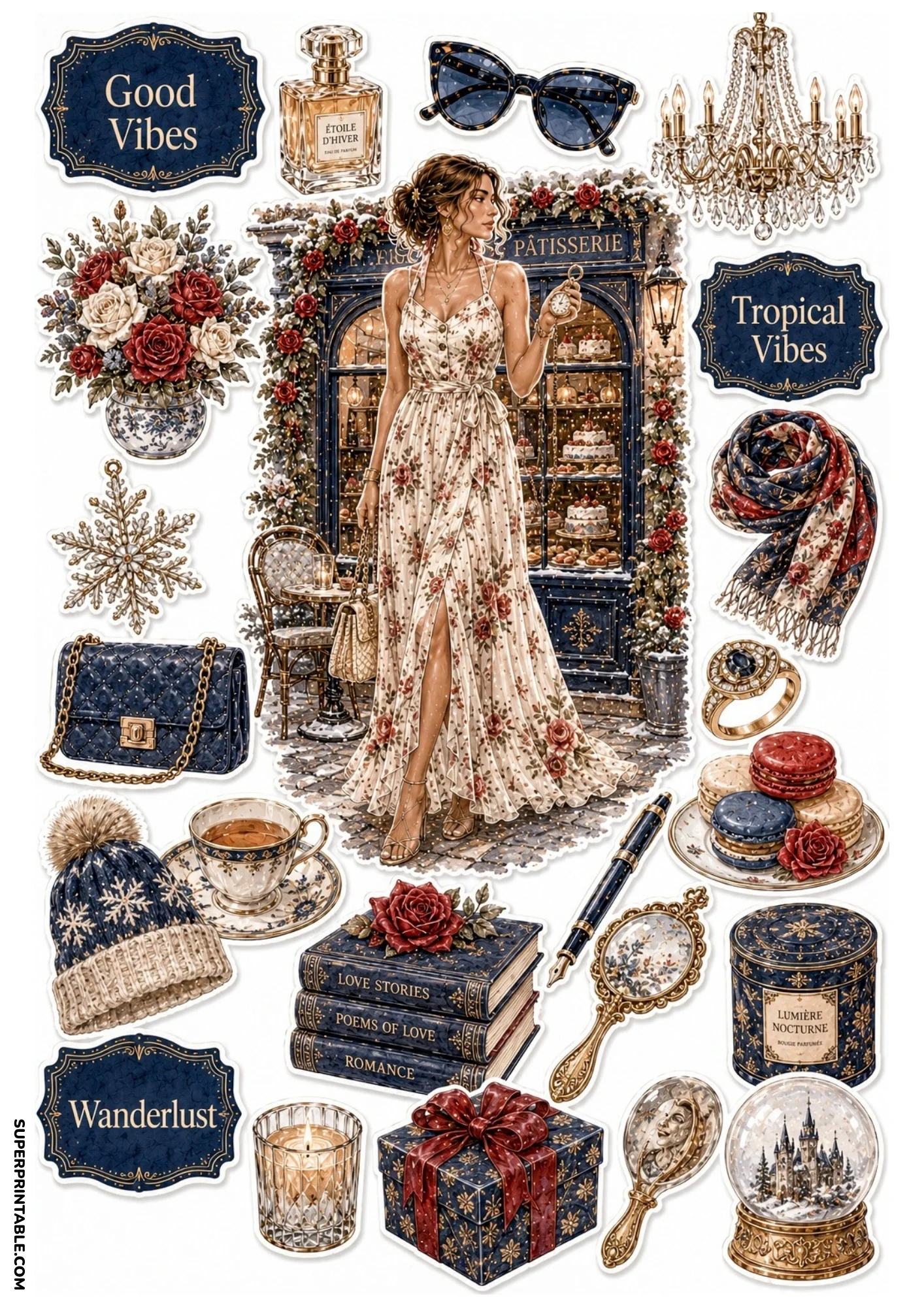 Watercolor sticker page depicting a woman in a floral dress outside a dark blue winter bakery, encircled by navy books, snowflake ornaments, and a castle snowglobe.