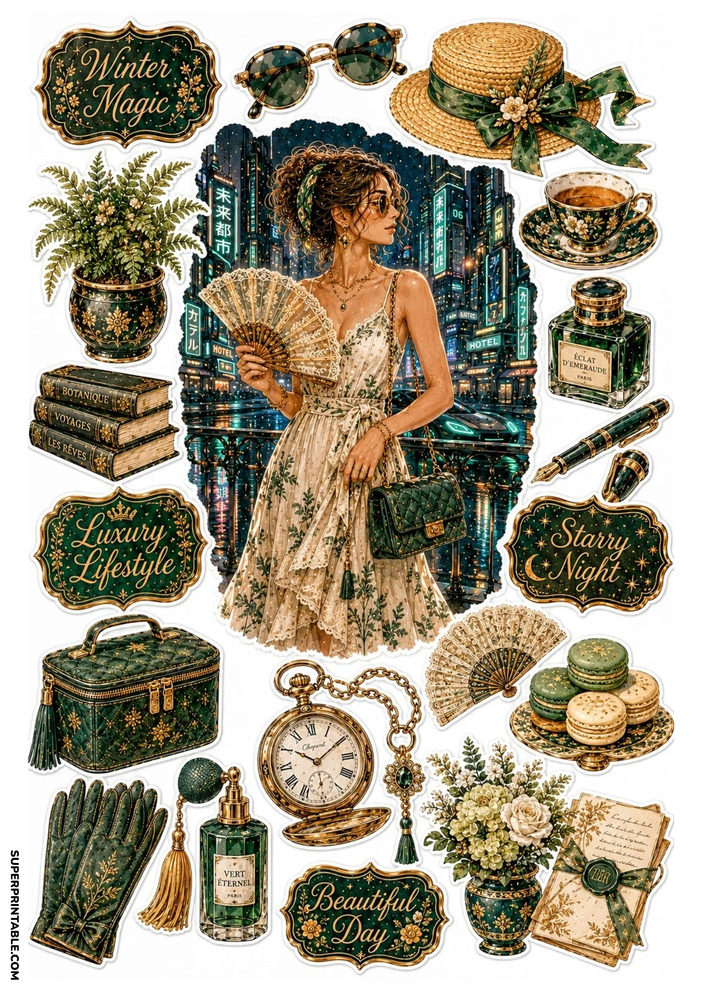 Printable sticker sheet showing a woman with a fan against a neon cyberpunk night city background with emerald green luxury stickers.
