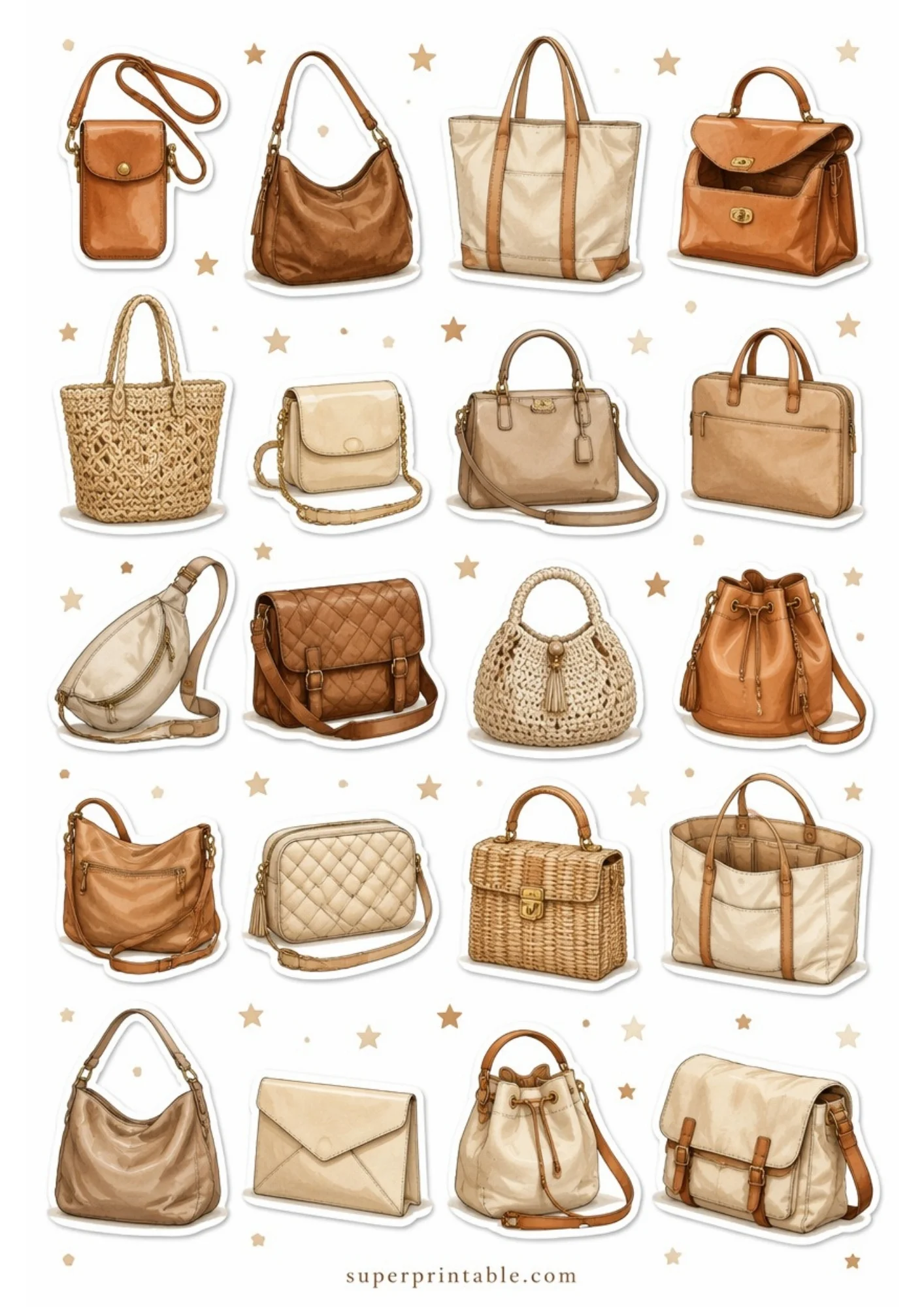 A sheet of printable stickers showing 20 luxury handbags in neutral brown, tan, and cream colors, including woven totes, quilted crossbodies, and bucket bags with star patterns in the background.