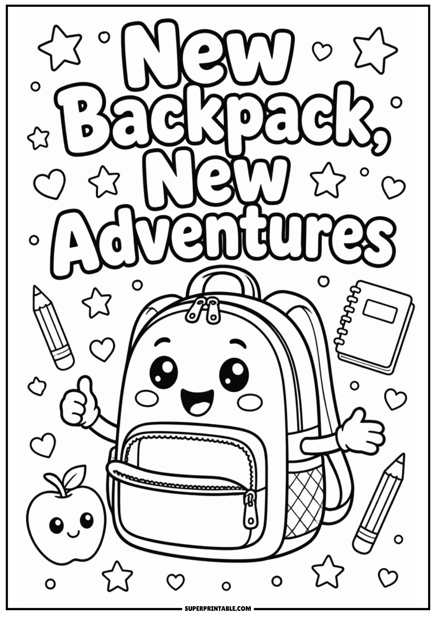 A happy cartoon backpack giving a thumbs-up next to an apple, notebook, and pencil, with stars and hearts surrounding the text New Backpack, New Adventures.