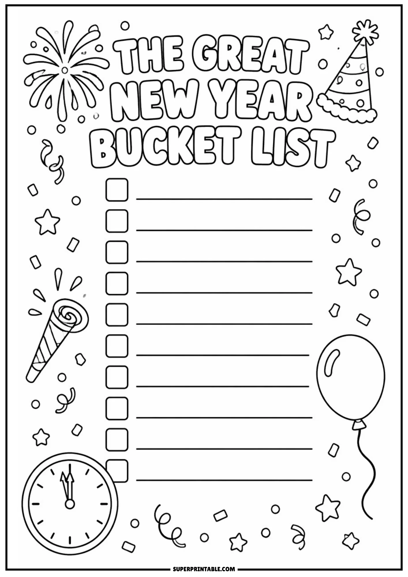Printable New Year bucket list checklist page featuring line art of fireworks, a party hat, noisemaker, balloon, midnight clock, and floating confetti.