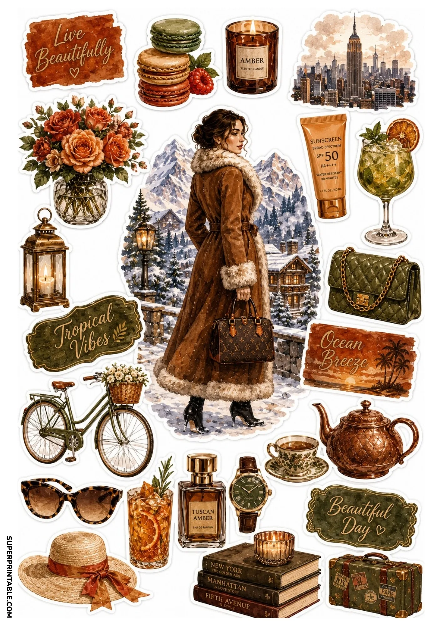 Sticker sheet featuring a woman in a fur-trimmed coat in a snowy mountain village alongside terracotta, amber, and olive green lifestyle stickers.