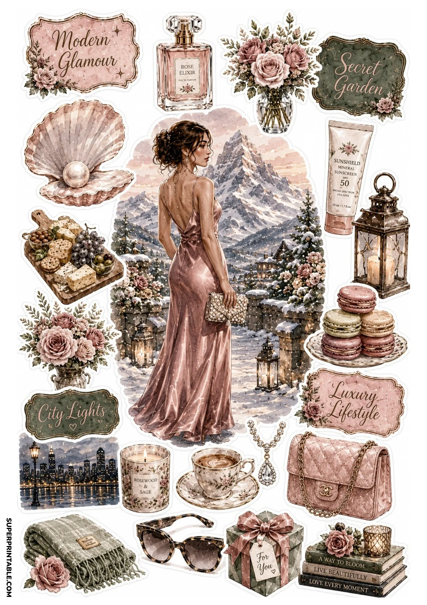 Sticker sheet displaying a woman in a glittering dusty rose gown with a snowy mountain backdrop surrounded by fine dining and aesthetic journaling accessories.