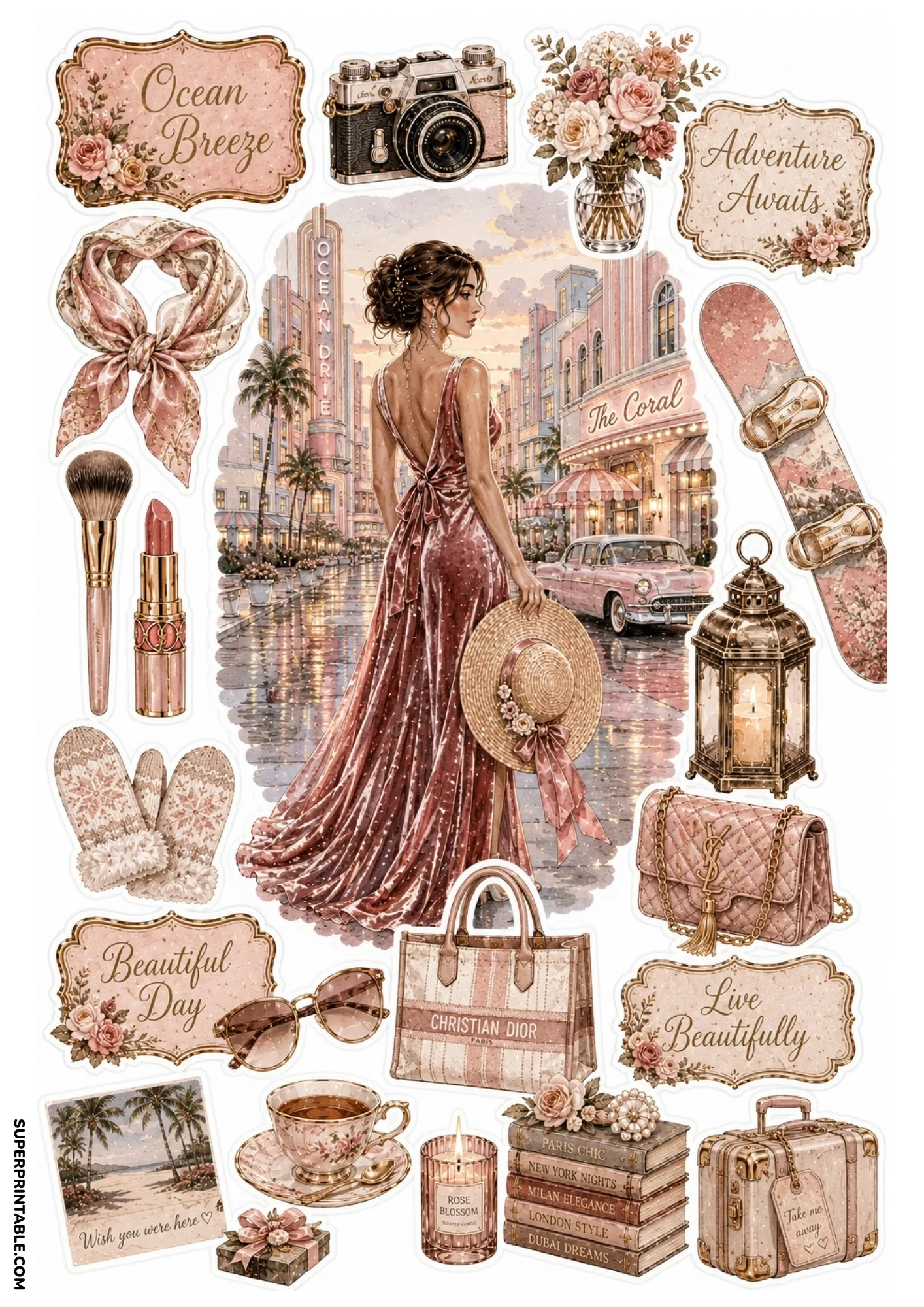 Sticker sheet featuring a woman in a dusty rose velvet gown on an Art Deco boulevard with vintage cars and blush pink fashion stickers.