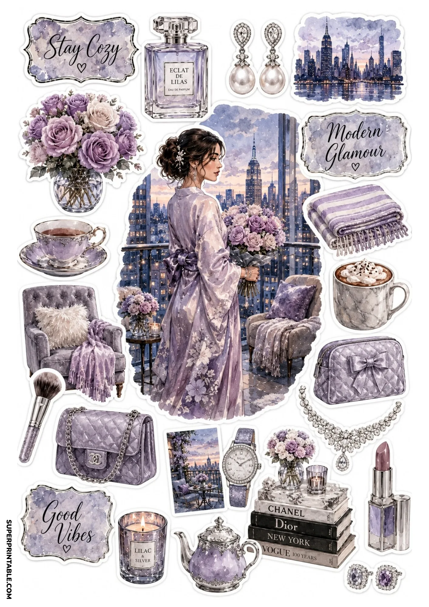 Sticker sheet featuring a woman in a lilac floral robe on a Manhattan balcony at twilight surrounded by purple luxury decor and fashion books.
