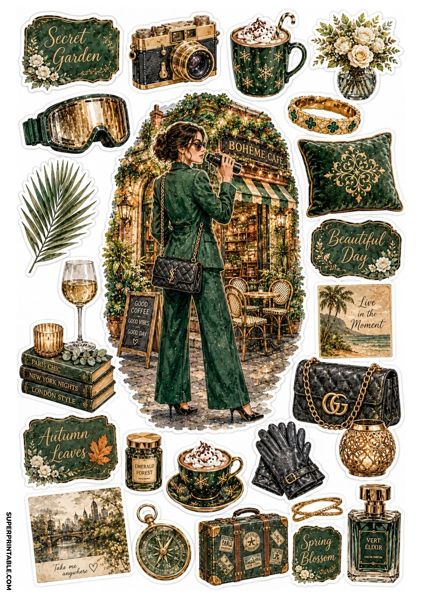 Sticker sheet featuring a woman in an emerald green suit outside a cozy café alongside coffee, vintage luggage, and gold accessories.