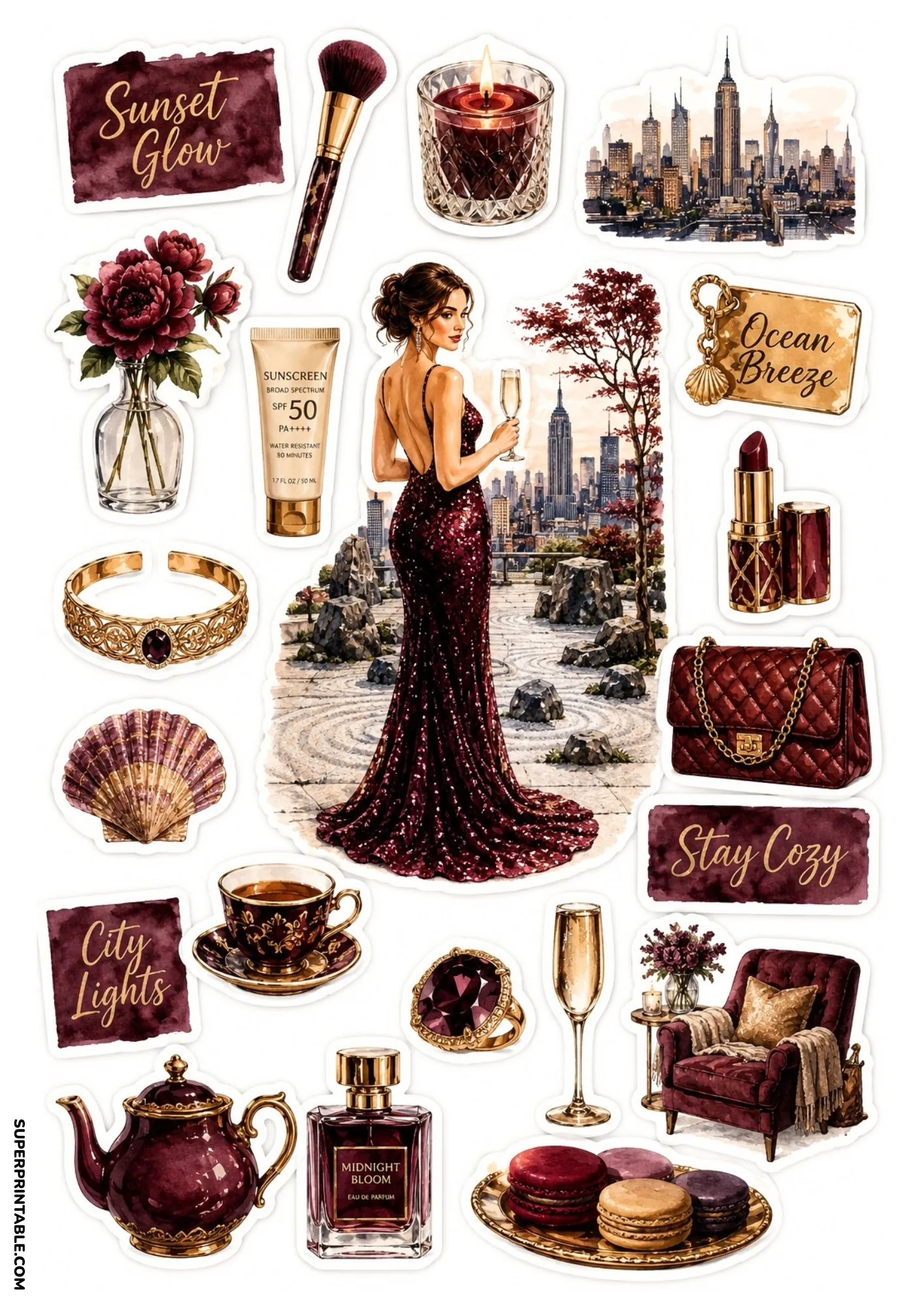 Sticker sheet featuring a woman in a backless burgundy sequin gown on a New York penthouse terrace alongside burgundy and gold luxury lifestyle accessories.