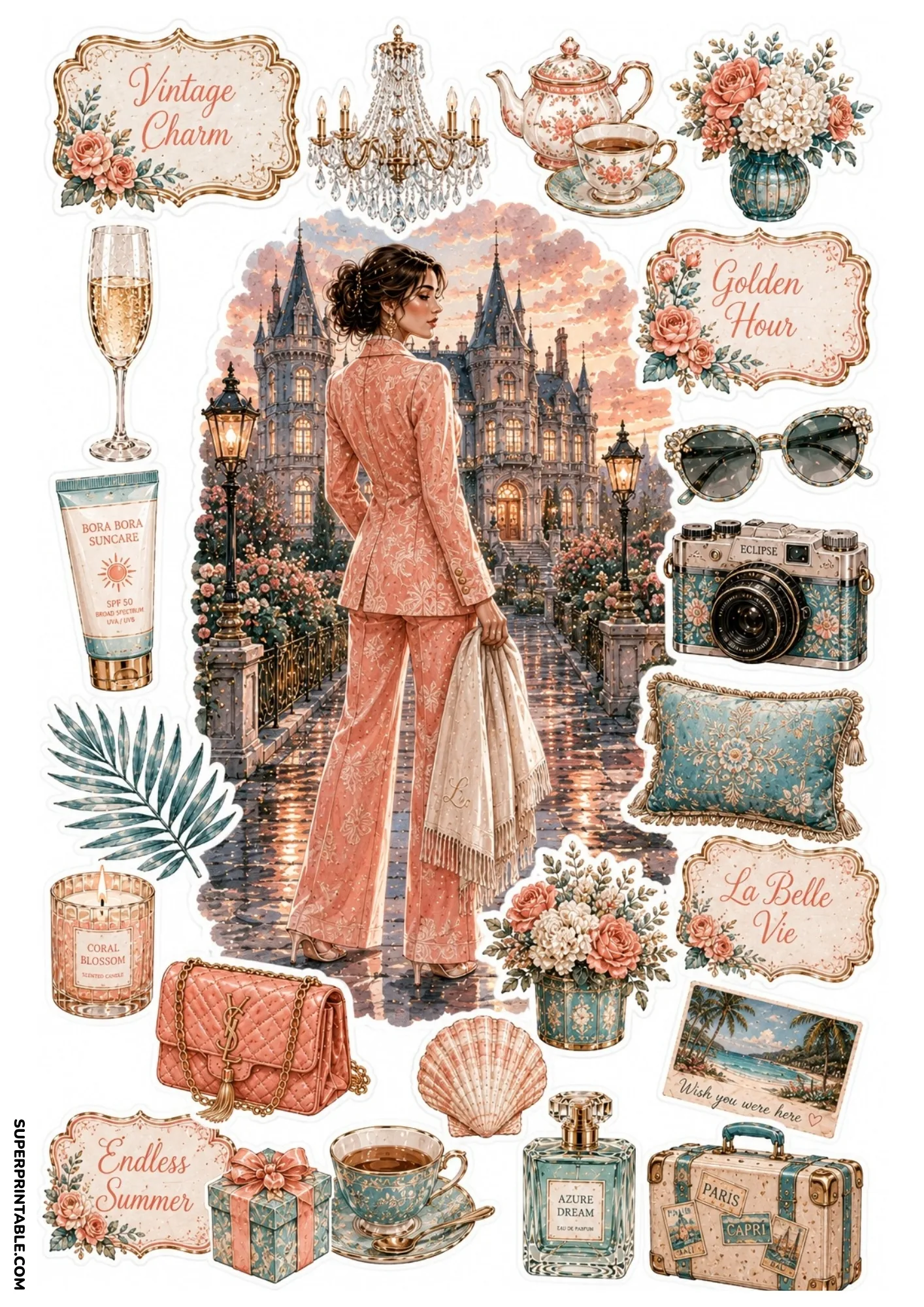 Sticker sheet showing a woman in a coral pantsuit outside a grand château surrounded by teal and coral luxury fashion accessories.