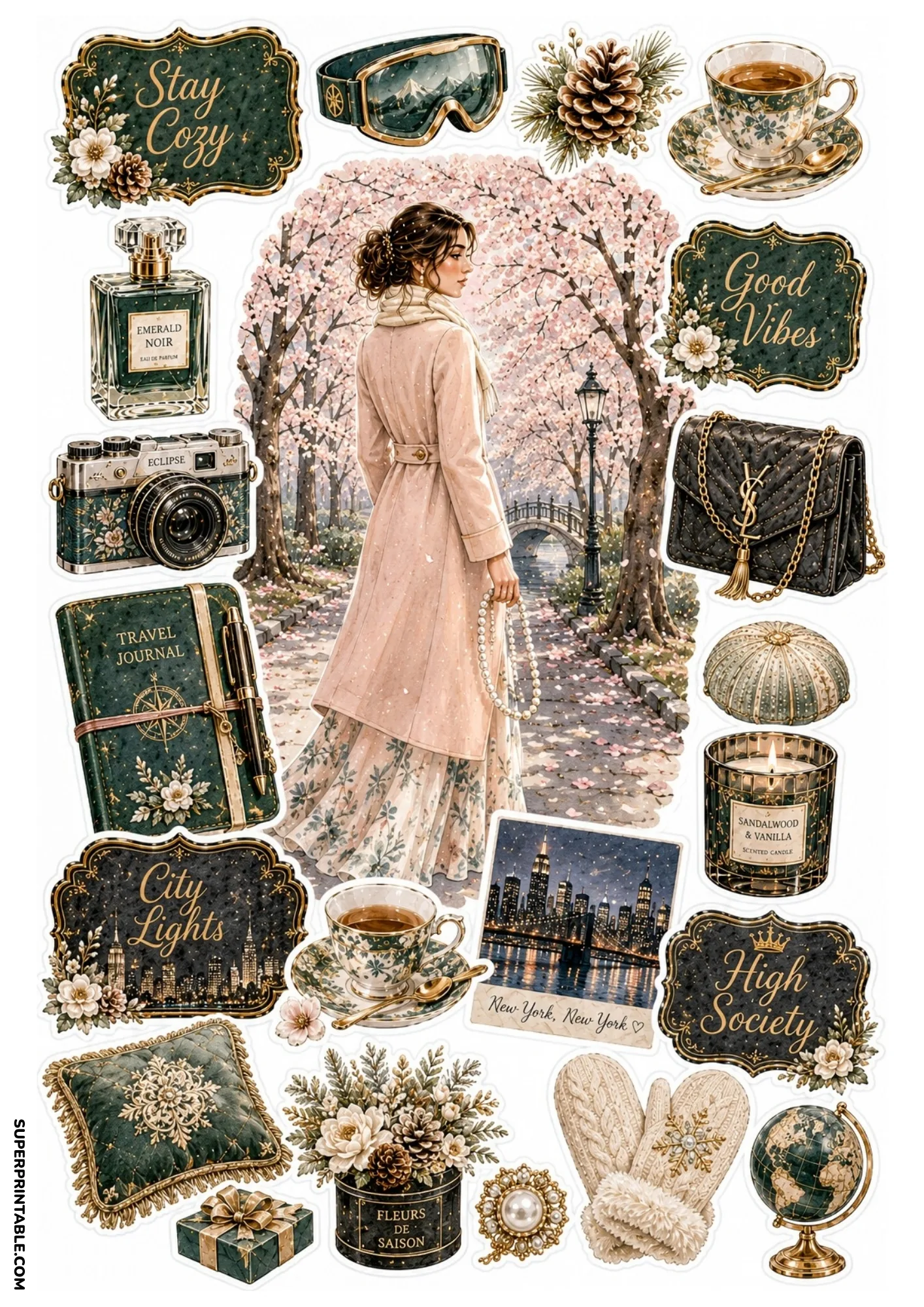 Sticker sheet portraying a woman in a cream coat walking under cherry blossom trees alongside forest green travel and journaling accessories.