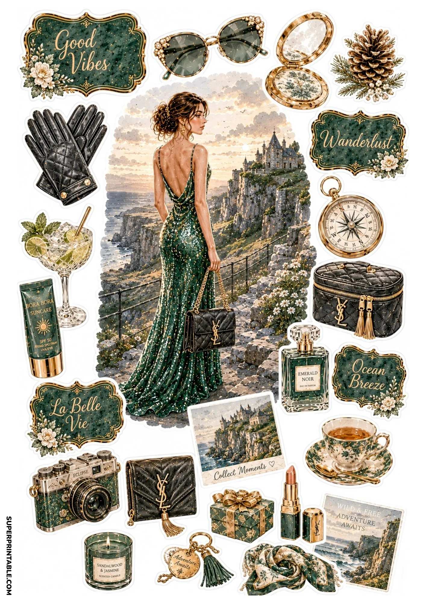 Sticker sheet portraying a woman in a glittering emerald gown on a cliffside castle path surrounded by dark green luxury gear and adventure keepsakes.