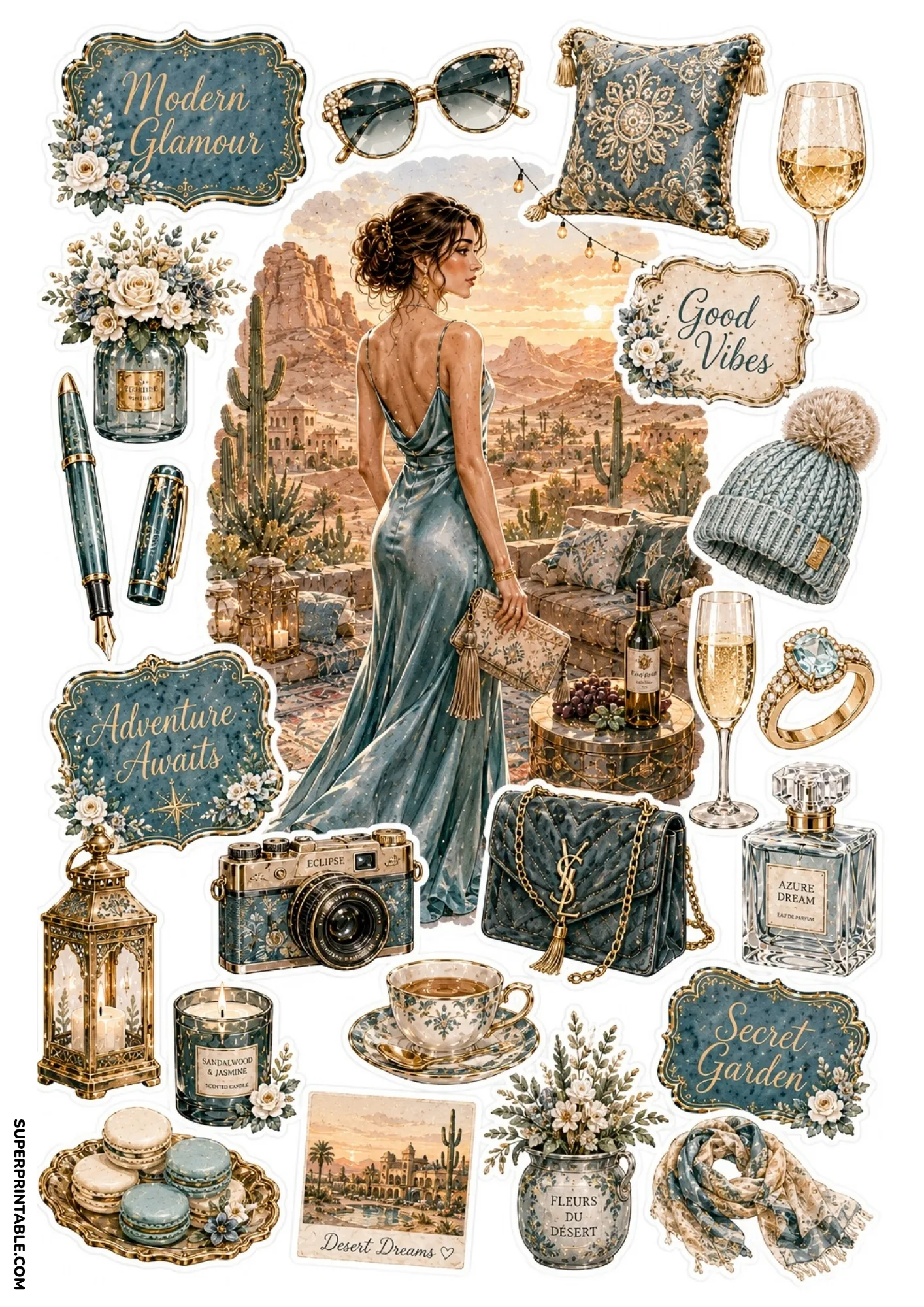 Sticker sheet featuring a woman in a metallic slate blue gown at a desert oasis resort surrounded by teal luxury decor and accessories.