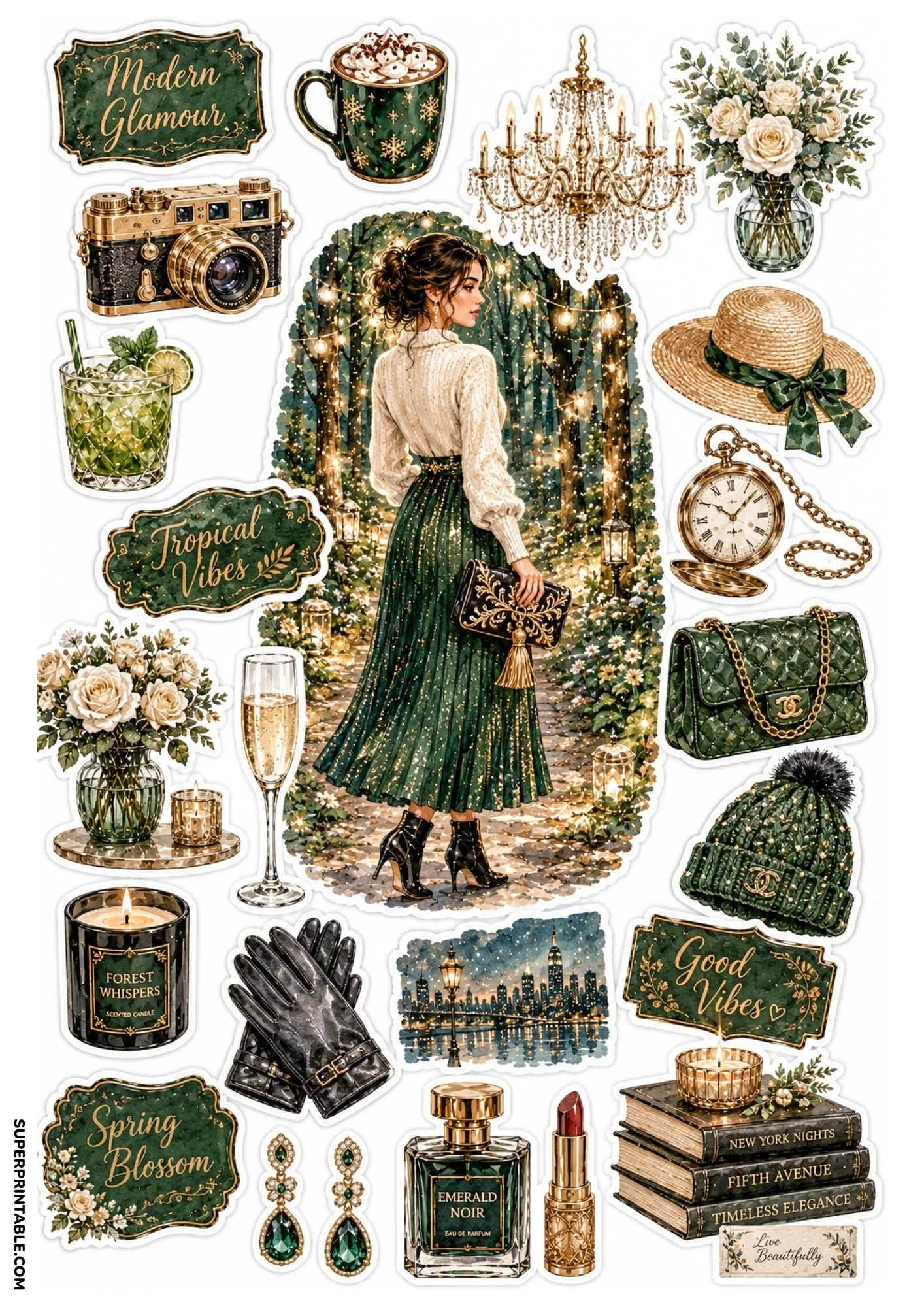 Sticker sheet showing a woman in an emerald green pleated skirt on a fairy-lit forest path surrounded by dark green winter fashion accessories.