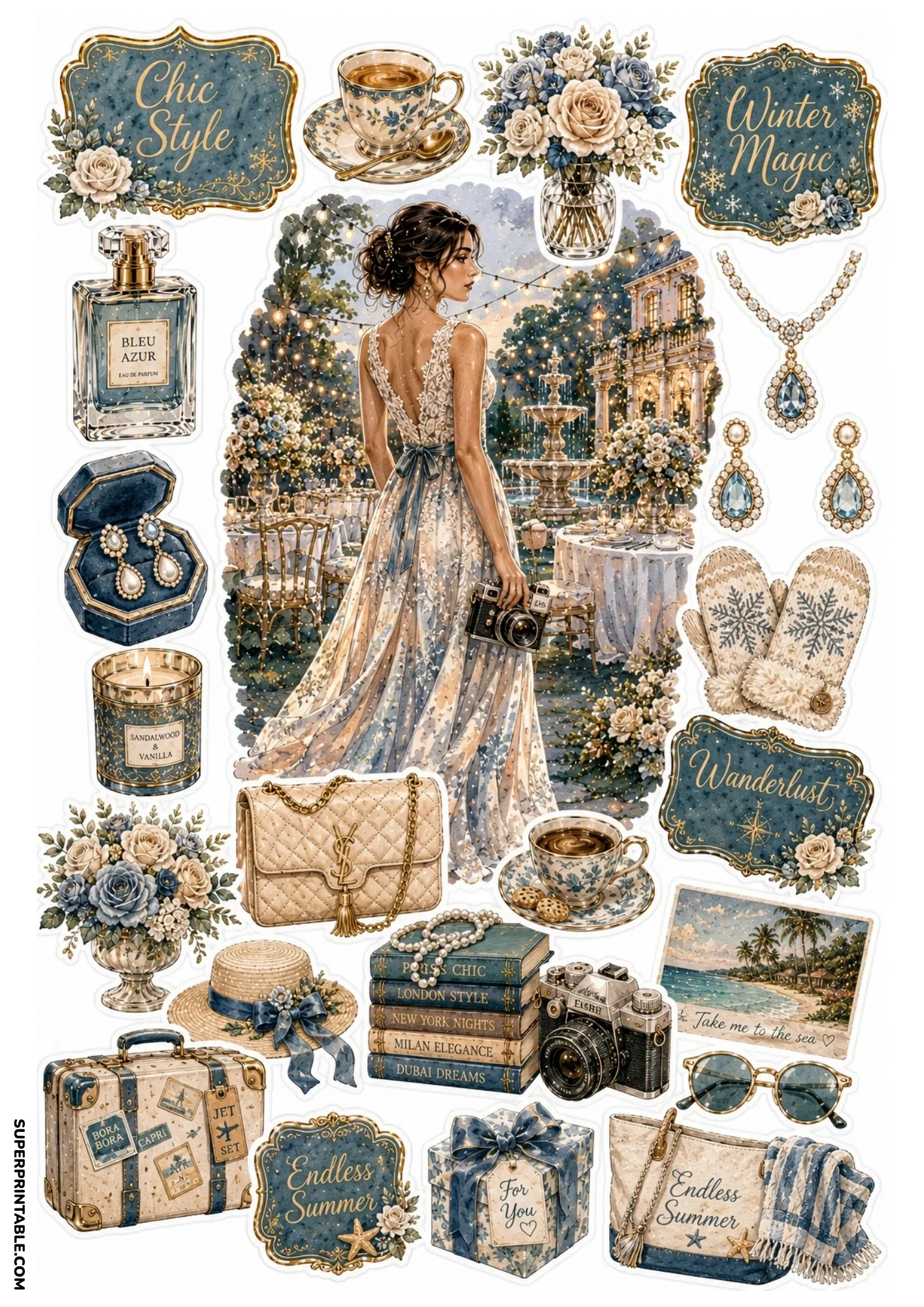 Sticker sheet showing a woman in a blue lace backless gown at a fountain garden soirée surrounded by slate blue luxury decor.