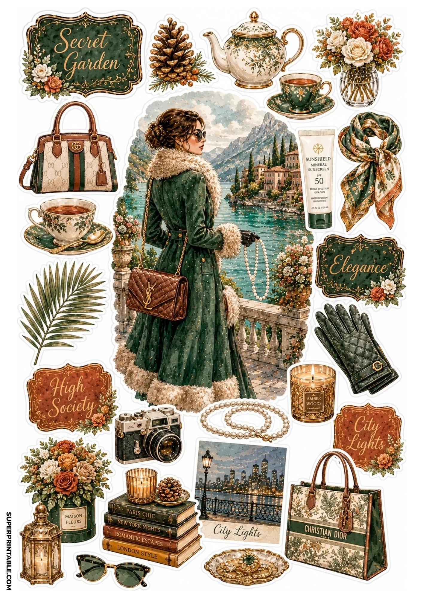 Sticker sheet depicting a woman in a fur-trimmed emerald coat overlooking an alpine lake with designer bags, pearls, and tea accessories.