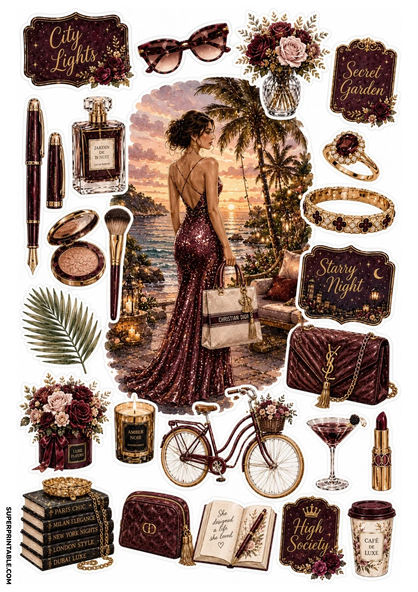 Sticker sheet featuring a woman in a backless plum sequin dress on a tropical terrace alongside dark burgundy luxury accessories and journals.