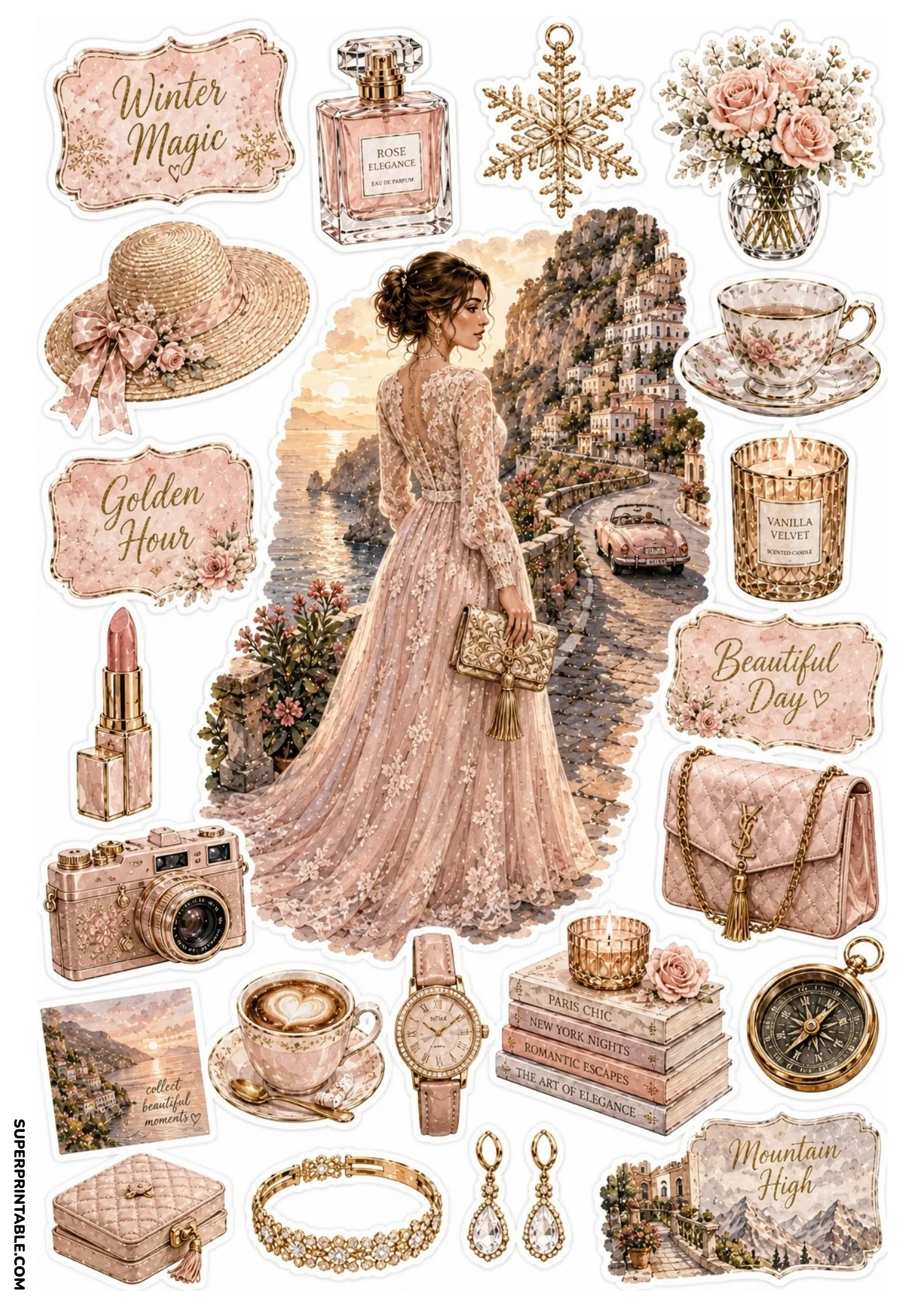 Sticker sheet portraying a woman in a blush pink lace gown on an Italian coastal road alongside rose gold fashion accessories.