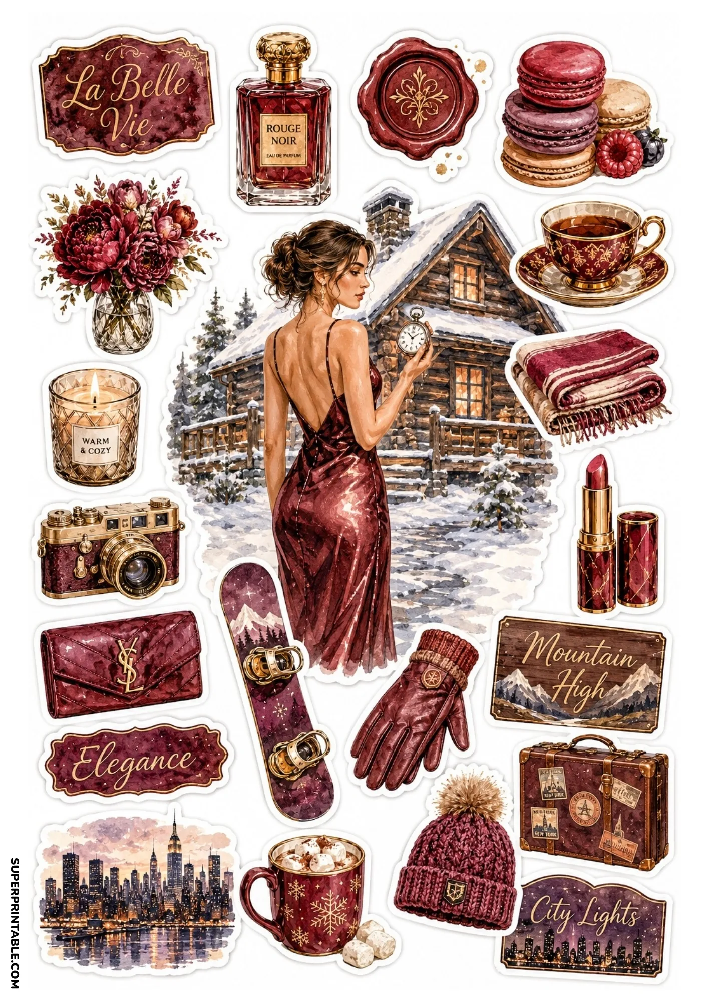 Sticker sheet displaying a woman in a burgundy satin gown in front of a snowy mountain cabin alongside deep red winter accessories.
