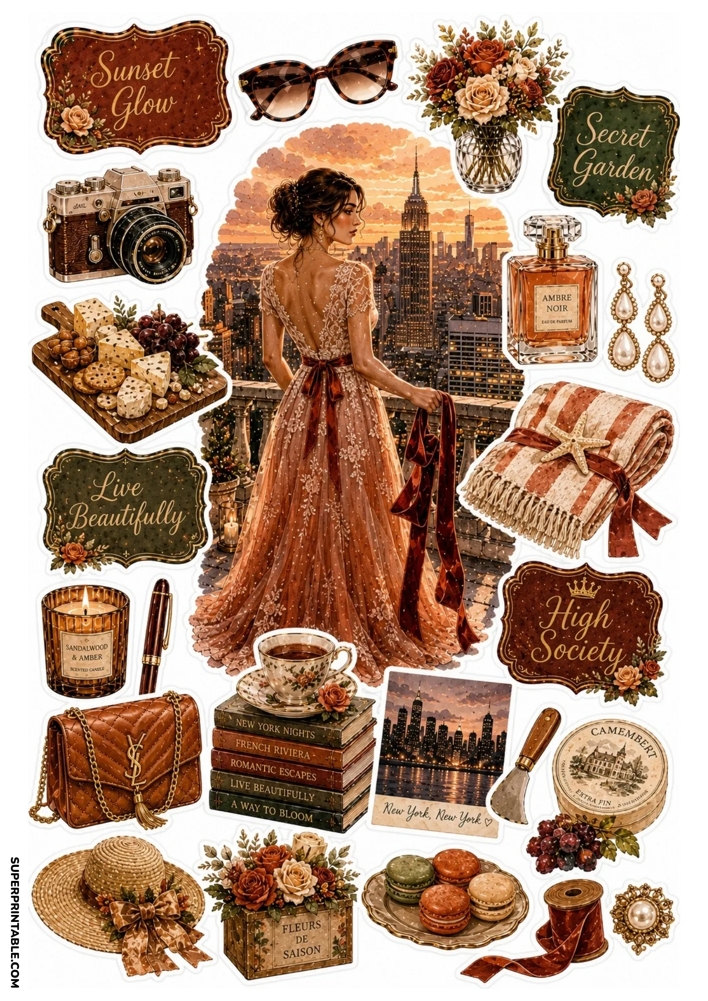 Sticker sheet depicting a woman in a backless terracotta lace gown overlooking the NYC Empire State sunset alongside amber luxury decor.