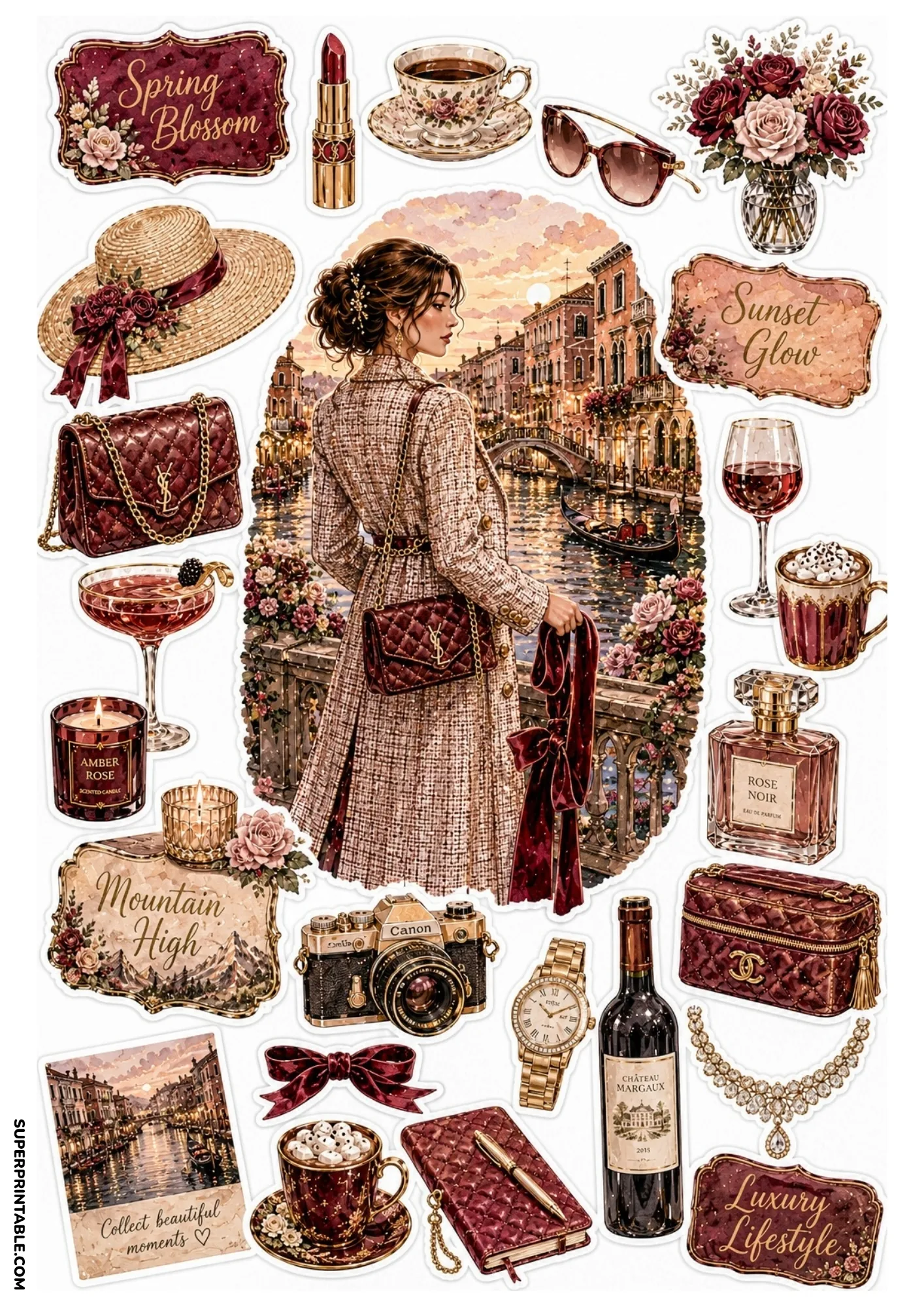 Sticker sheet showing a woman in a tweed coat overlooking a Venetian canal at sunset surrounded by wine, luxury bags, and beauty accessories.