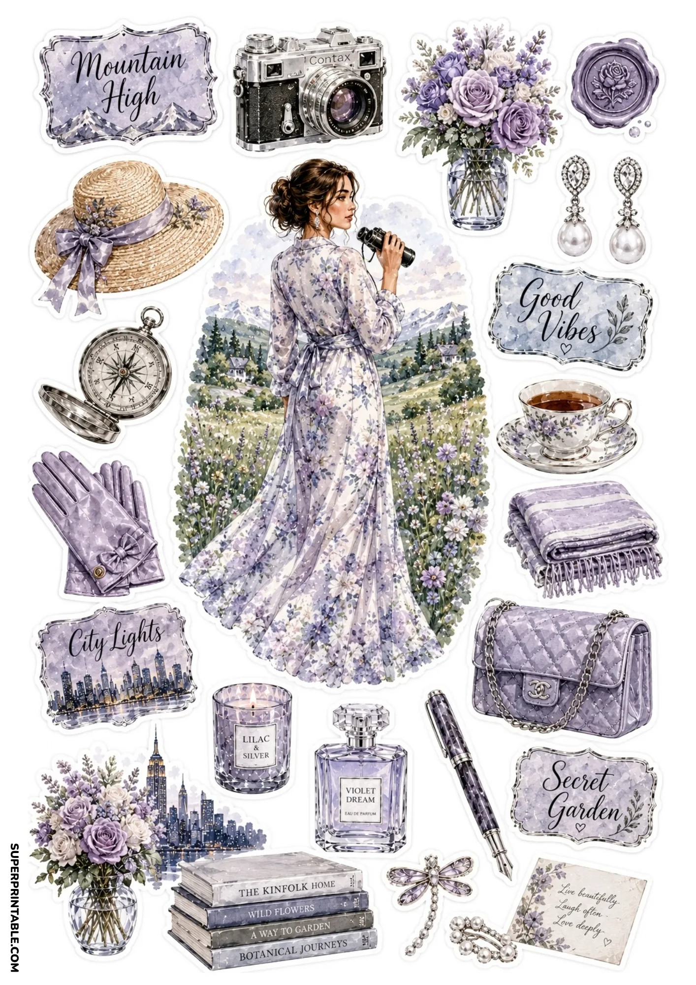 Sticker sheet showing a woman in a lilac floral dress in a wildflower field with mountain views alongside silver cameras and floral stationery.