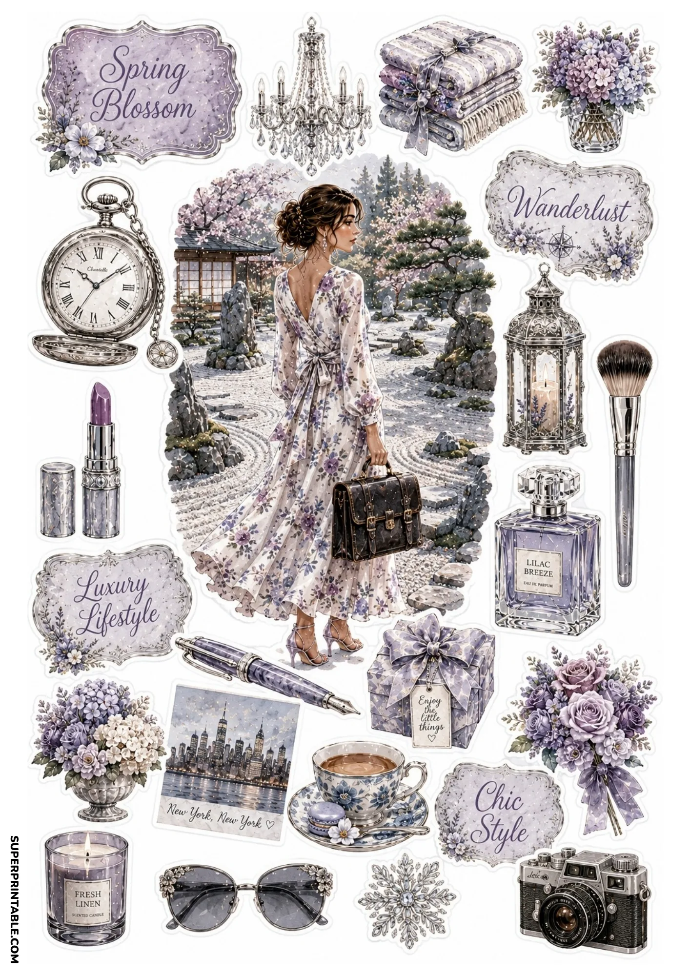 Sticker sheet showing a woman in a lavender floral dress in a Japanese Zen garden surrounded by soft purple tea and pampering accessories.