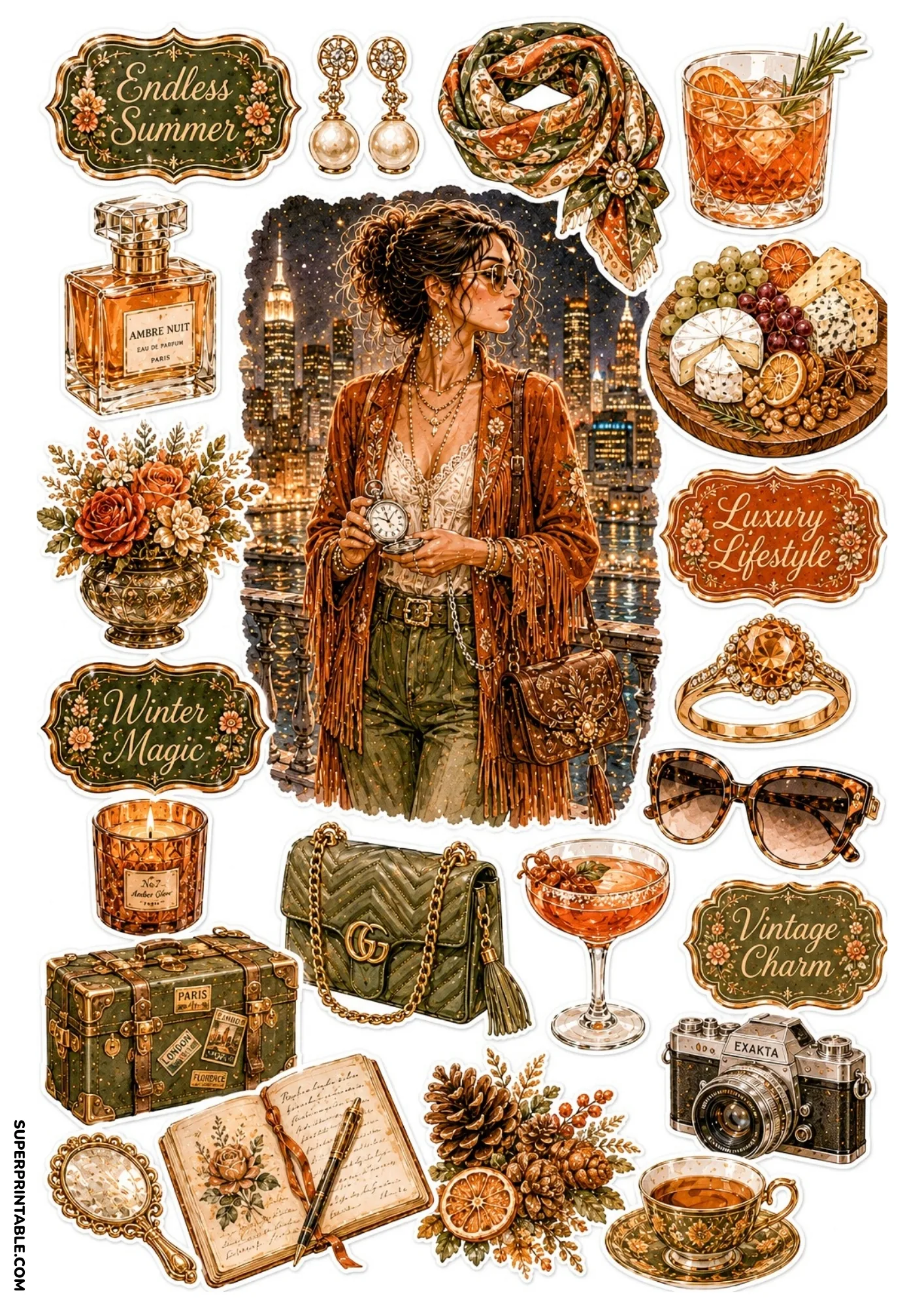 Printable sticker sheet with a woman in a fringe jacket against a night city backdrop surrounded by amber luxury stickers.