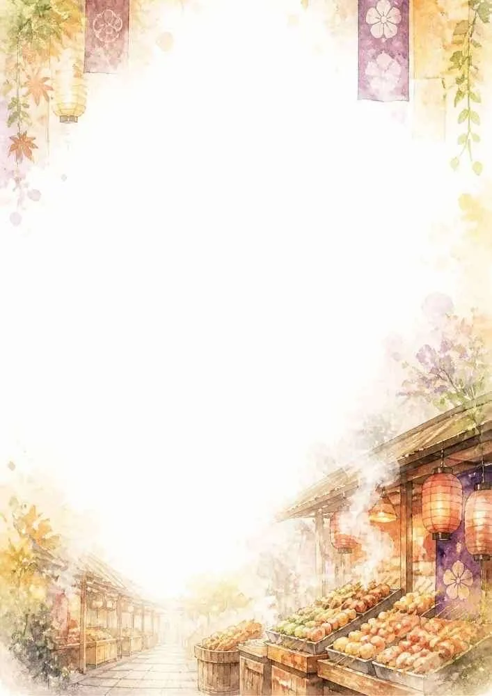 Watercolor border page depicting a traditional street market stall with grilled skewers and glowing lanterns under autumn leaves.