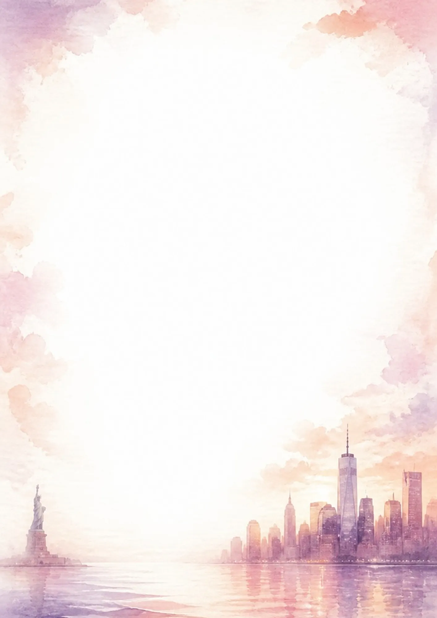 Watercolor border writing page showing the Manhattan skyline and the Statue of Liberty reflecting in the harbor water at sunset.