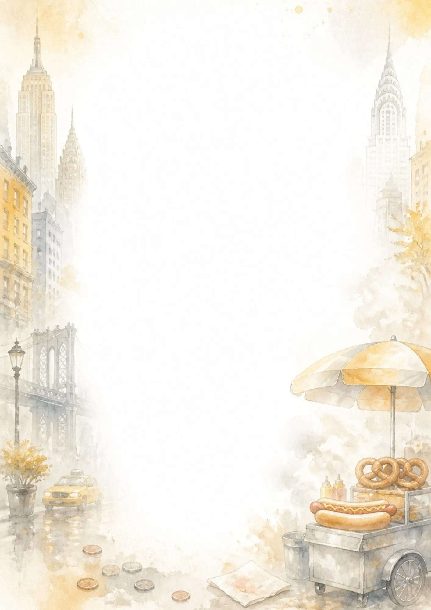 Watercolor border writing page showing a street food cart selling hot dogs and pretzels under a yellow umbrella, with a yellow cab.