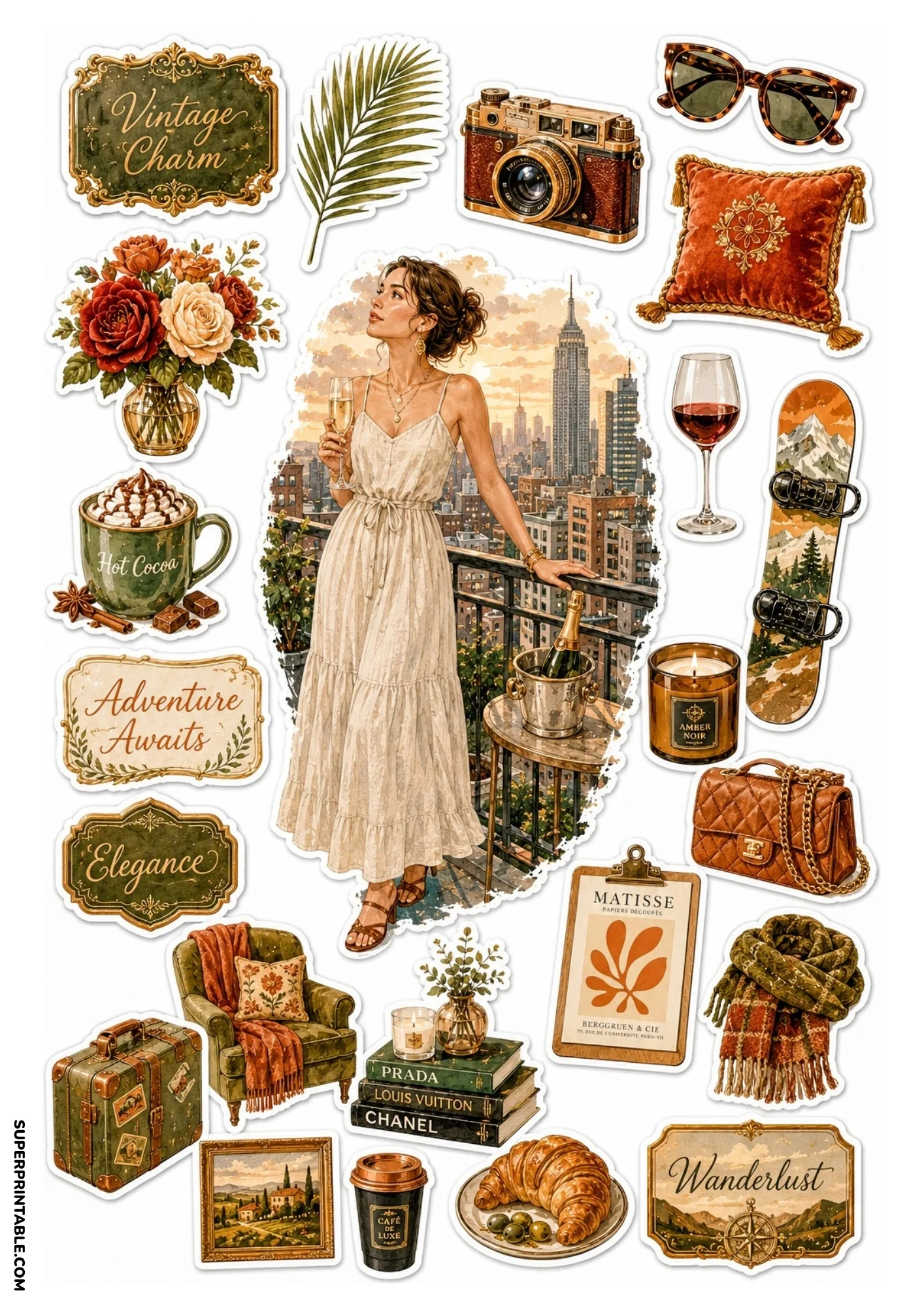 Printable sticker sheet showing a woman on a high-rise balcony overlooking the New York City skyline at sunset, with hot cocoa, armchair, and Matisse poster.