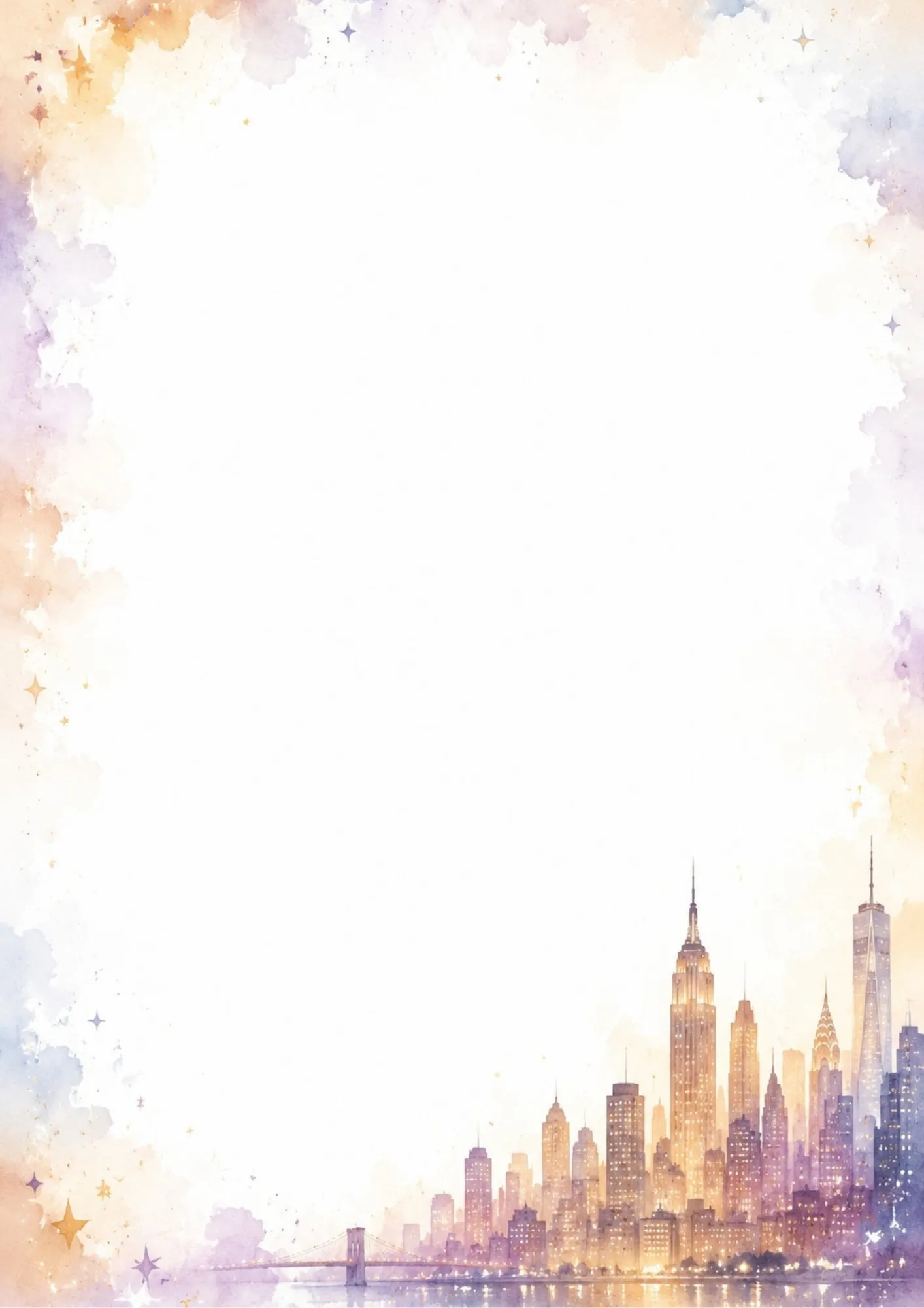 Watercolor border writing page showing the Manhattan skyline lit up at night, with the Brooklyn Bridge reflecting in the river.