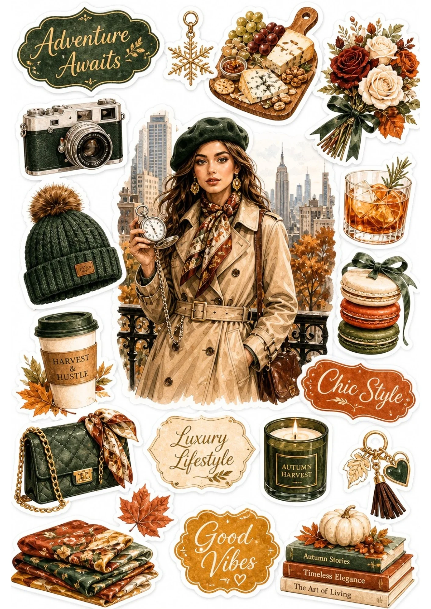 A printable sticker page with a woman in a trench coat and beret overlooking the NYC skyline, surrounded by green coffee cups, beanies, charcuterie, and macaron stacks.