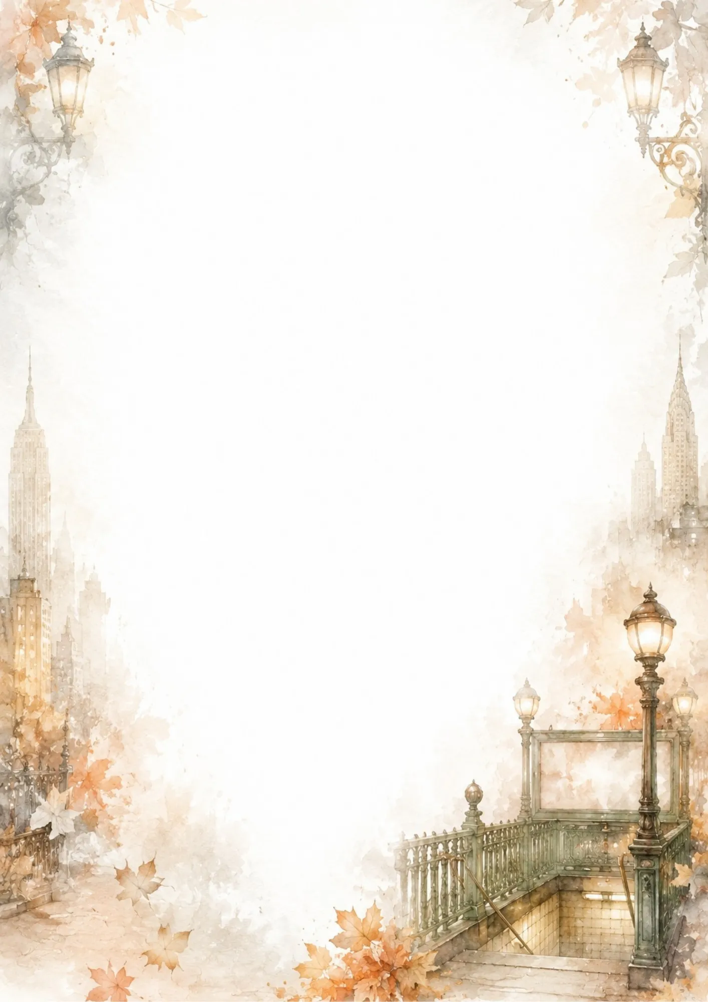 Watercolor border writing page depicting a classic subway entrance with green iron railings, glowing globe lamps, and autumn leaves.