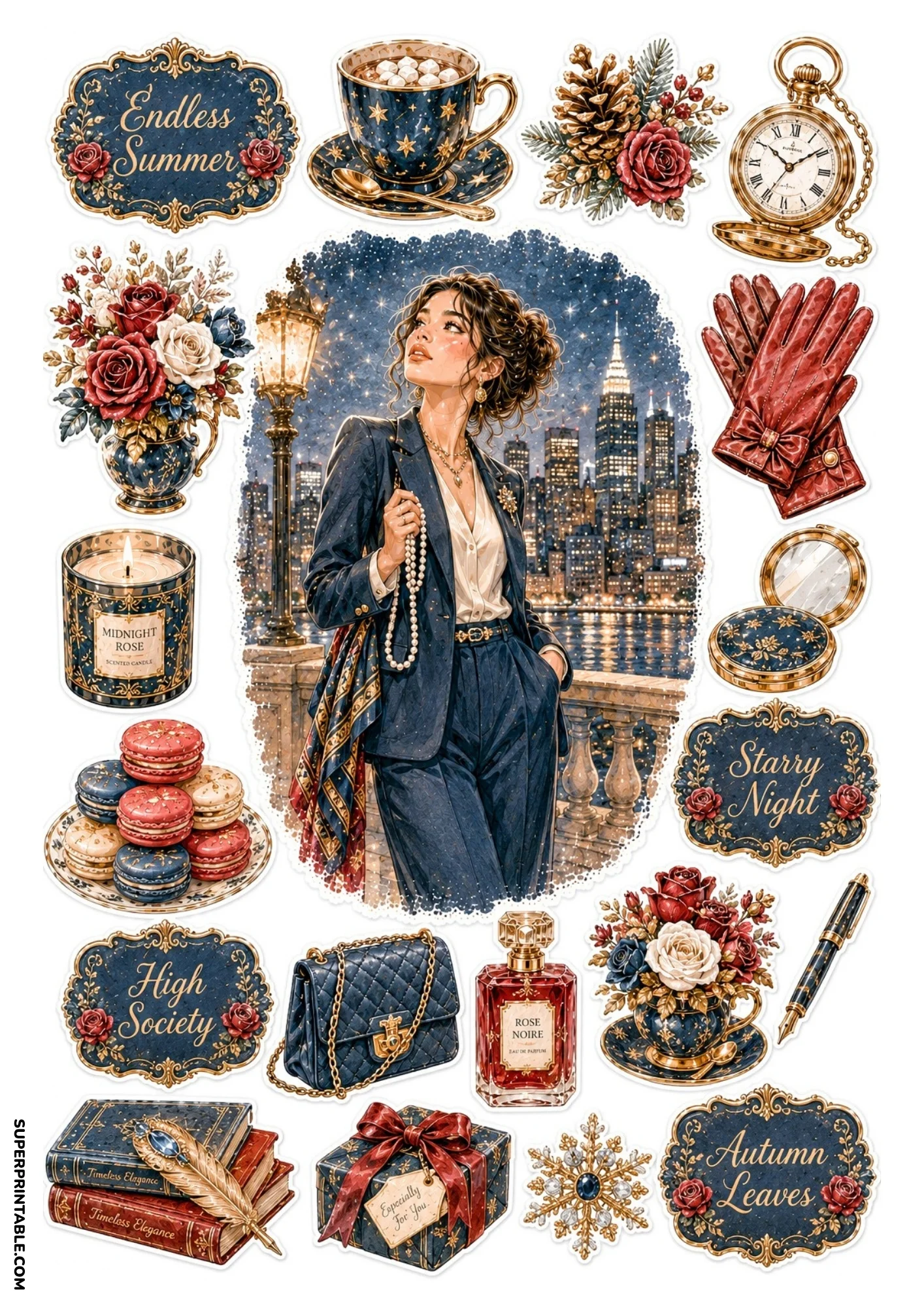 Printable sticker sheet showing a woman in a navy suit on an NYC waterfront promenade at night, with dark candle, red perfume, and quill books.