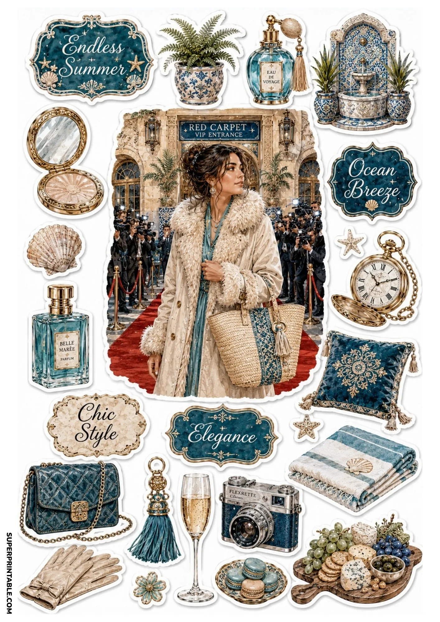 Ocean blue themed printable sticker sheet with a celebrity red carpet scene, blue Moroccan fountain, quilted bag, and luxury travel items.