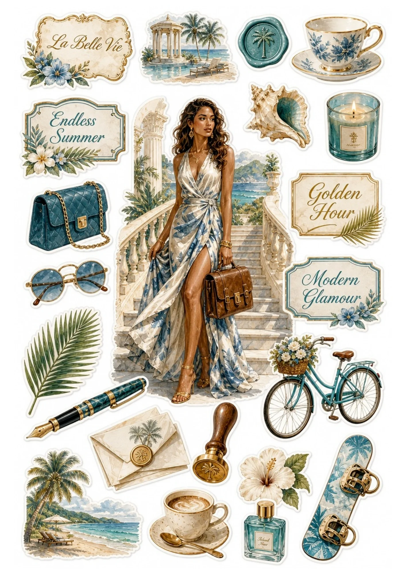 Printable sticker sheet showcasing a woman in a blue wrap dress on marble stairs, featuring ocean blue accessories like a leather purse, bicycle, teacup, and beach landscape icons.