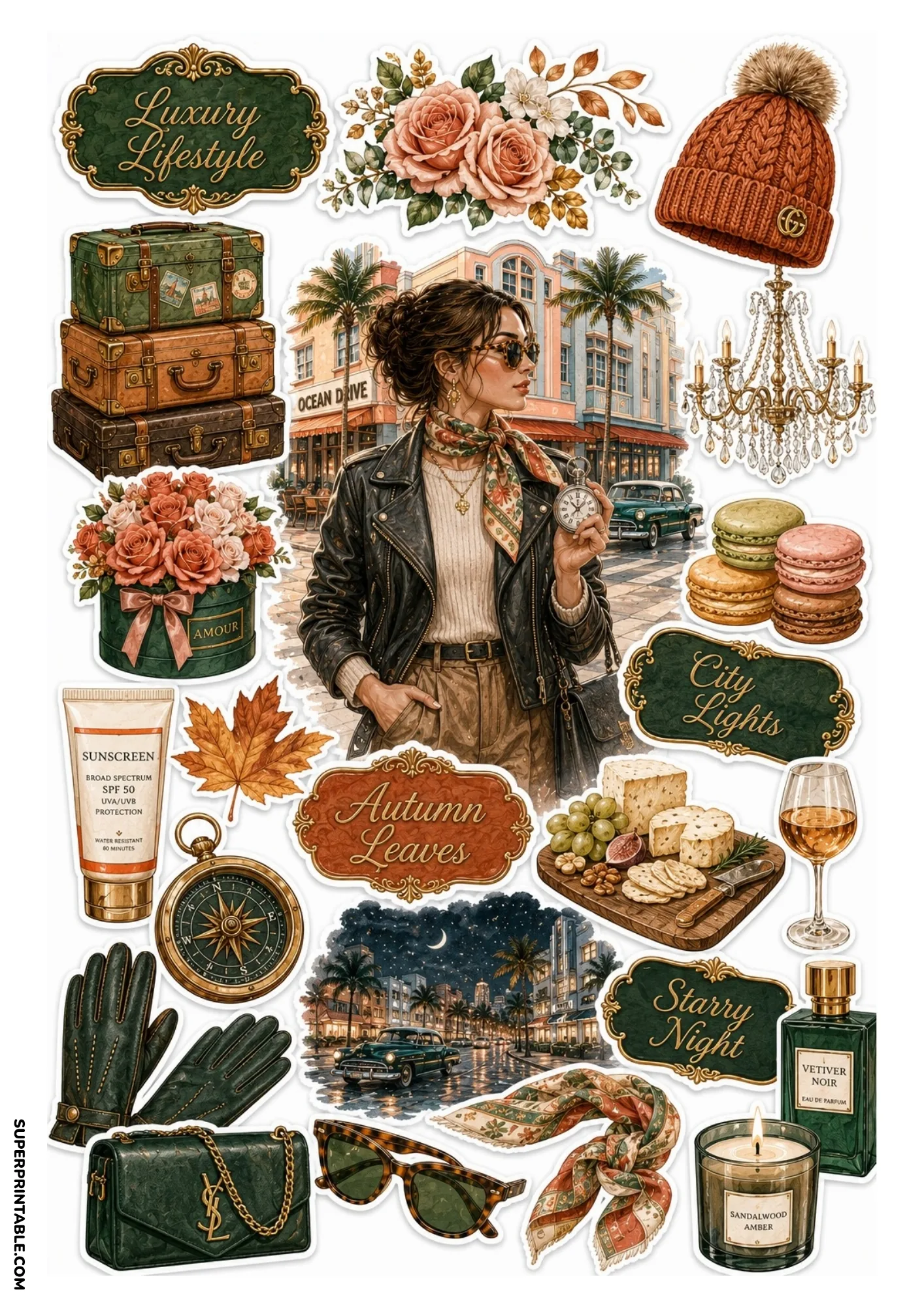 Printable sticker sheet depicting a woman walking along Ocean Drive surrounded by luxury lifestyle stickers such as vintage suitcases, macarons, cheese board, and dark green typography badges.