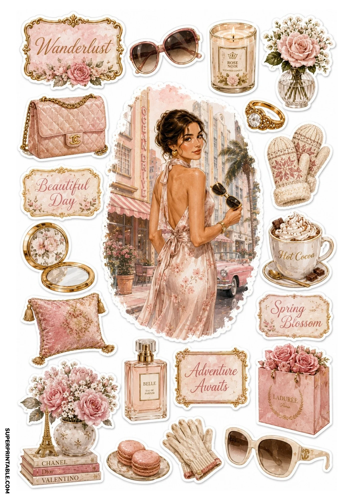 Printable sticker sheet featuring a woman in a pink halter dress on Ocean Drive, alongside blush handbag, french macarons, and rose bouquets.