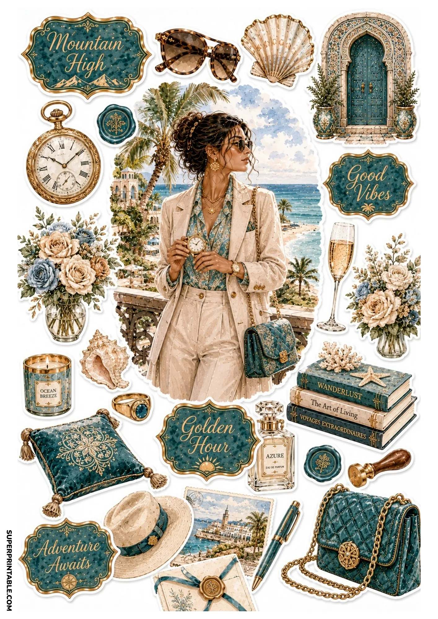 Ocean teal sticker sheet featuring a woman on a coastal balcony, blue Moroccan door, azure perfume, teal handbag, and travel books.