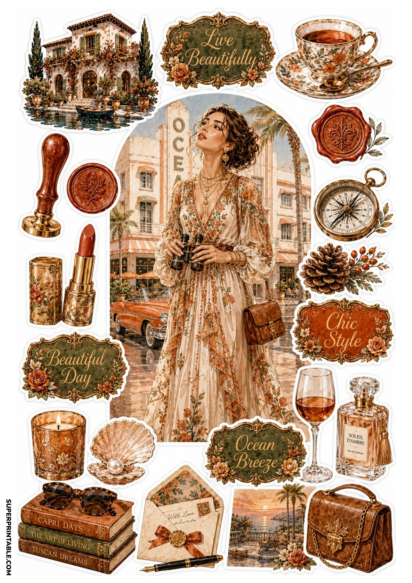 Printable sticker sheet with a woman in a boho floral dress before an oceanfront hotel with vintage car, wax seal, compass, stack of books, and envelope.