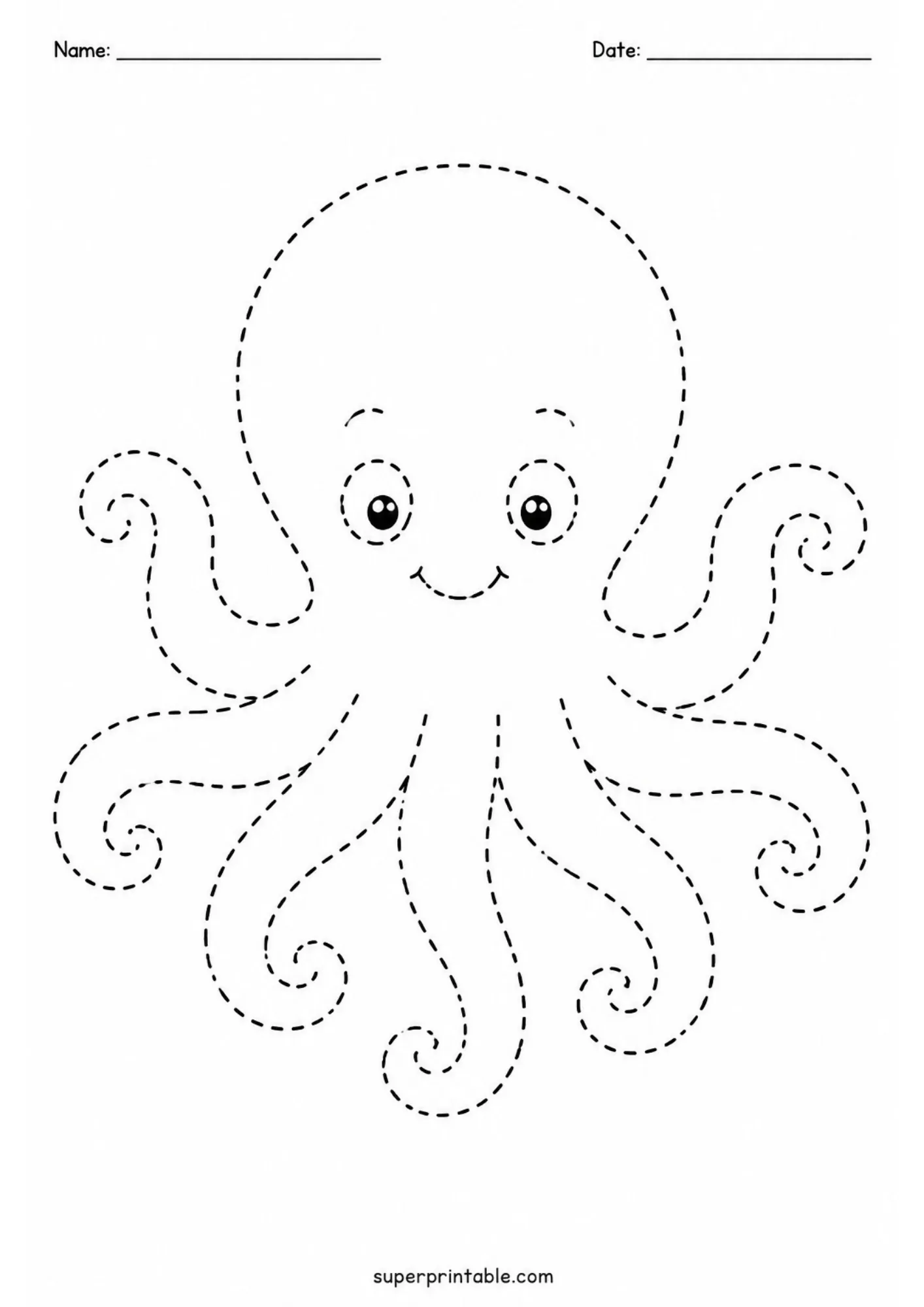 Octopus line tracing worksheet featuring eight wavy dotted tentacles on a white background.