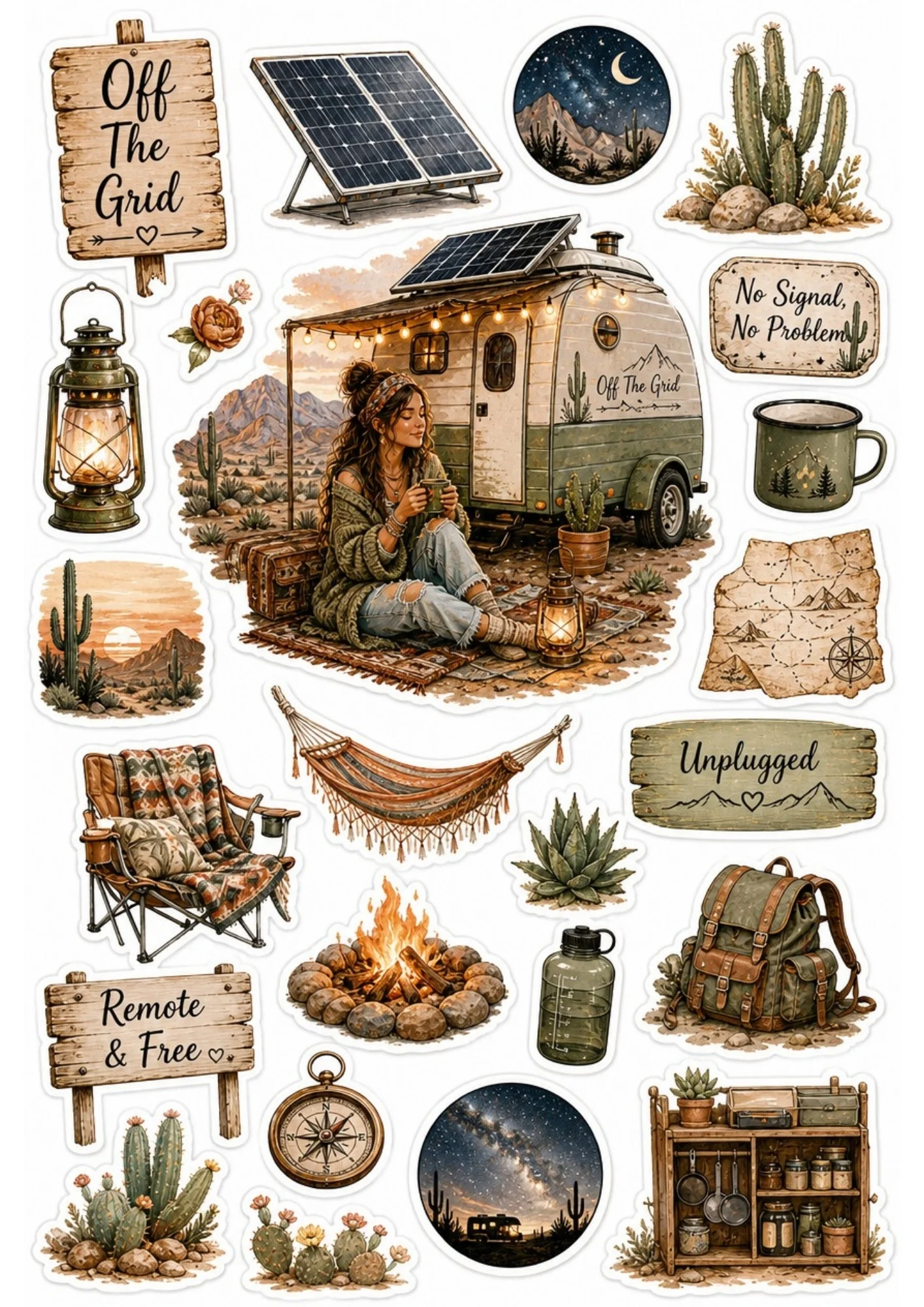A girl sitting outside a vintage camping trailer in the desert holding a mug. Surrounding stickers include solar panels, cacti, campfires, lanterns, and text saying 'Off The Grid' and 'Remote & Free'.