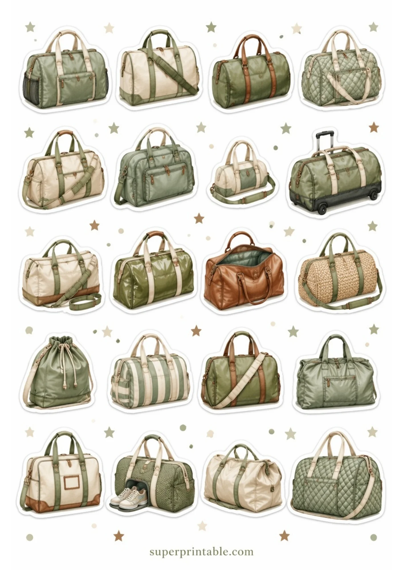 A sheet of 20 duffle bag sticker designs in sage green, olive green, beige, and brown leather accents.