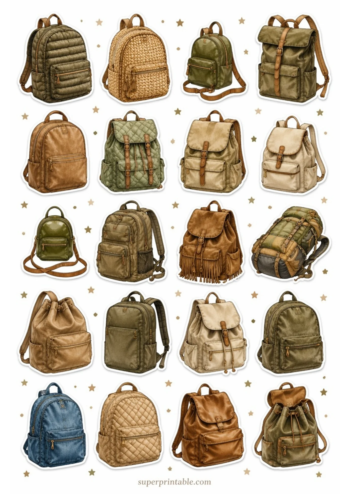 A sheet of printable stickers featuring twenty individual backpacks in earthy olive green, khaki, brown, and tan shades, decorated with small gold stars.