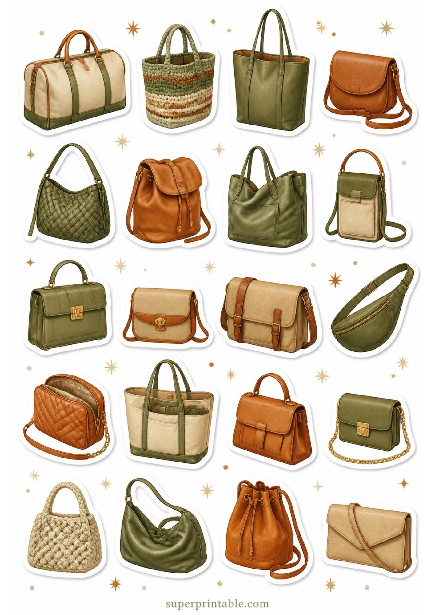 A sheet of 20 fashion handbag stickers in olive green, tan, and cream tones, displaying backpacks, duffel bags, and woven totes.