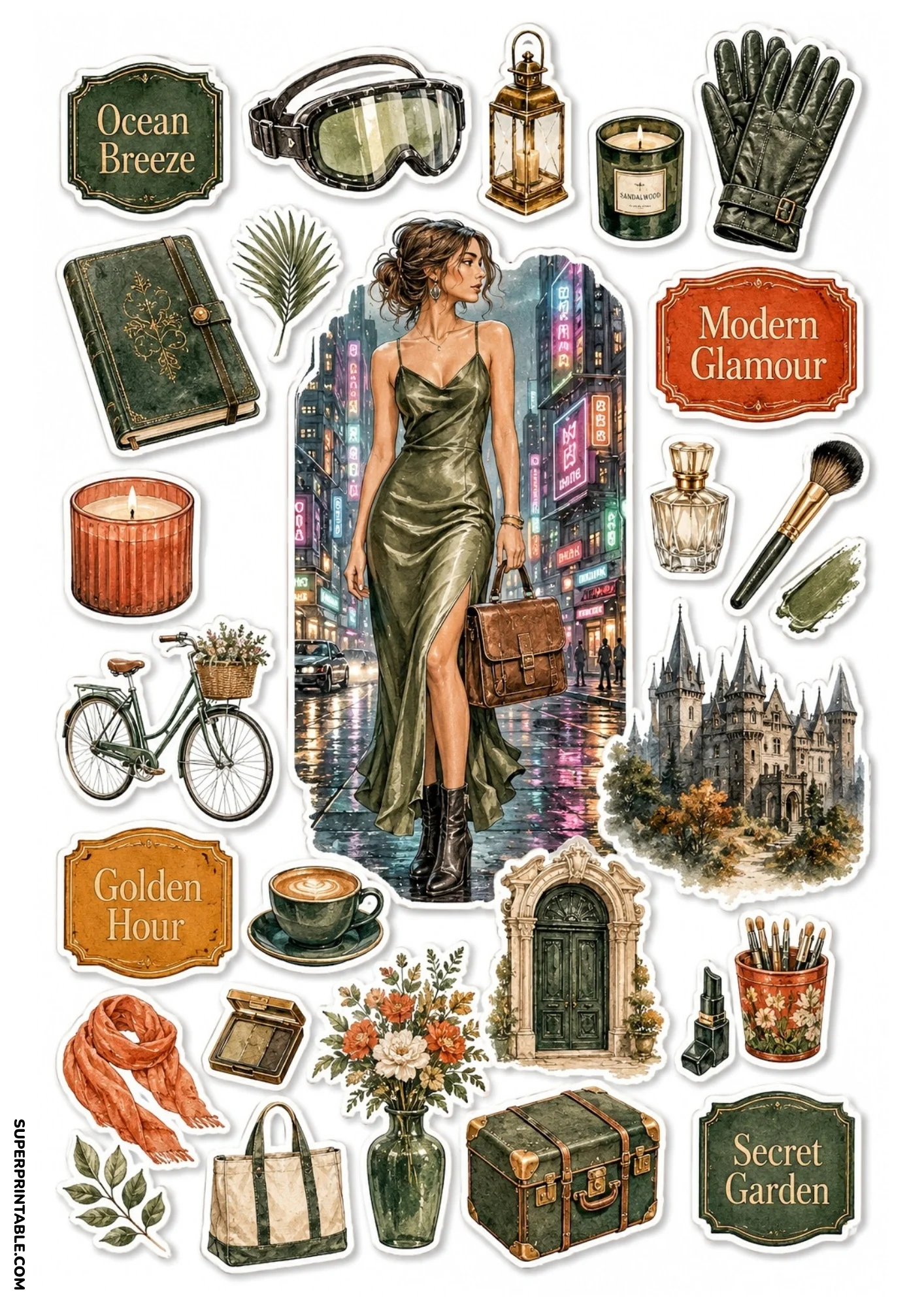 Watercolor sticker sheet with a woman in an olive green slip dress on a rainy neon city street, framed by a Gothic castle, leather trunk, bicycle, and framed text tags.