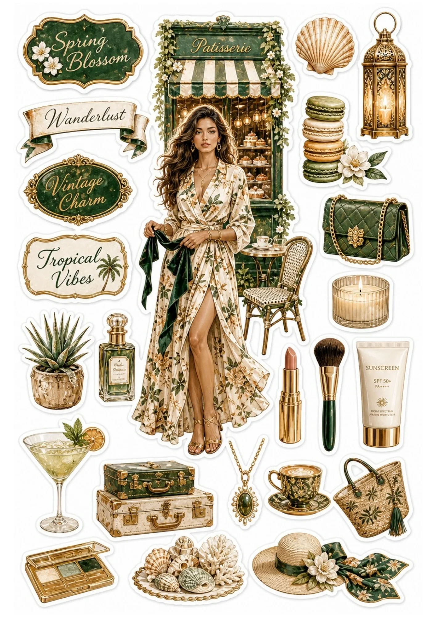 Printable sticker sheet with a woman in a green leaf dress outside a French patisserie shop, green shoulder bag, espresso cup, lipstick, and sunblock.