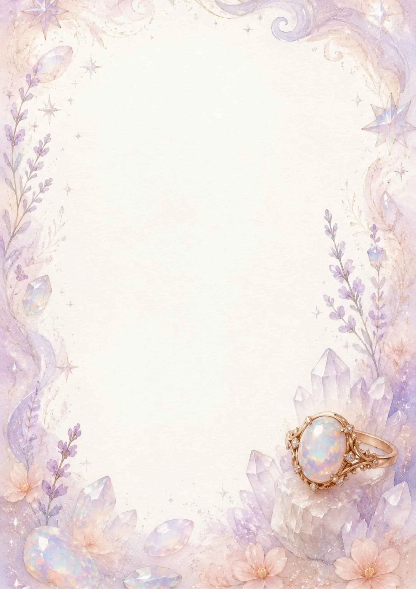 A watercolor writing page featuring a gold opal ring on a cluster of purple amethyst crystals, surrounded by lavender and pink blossoms.